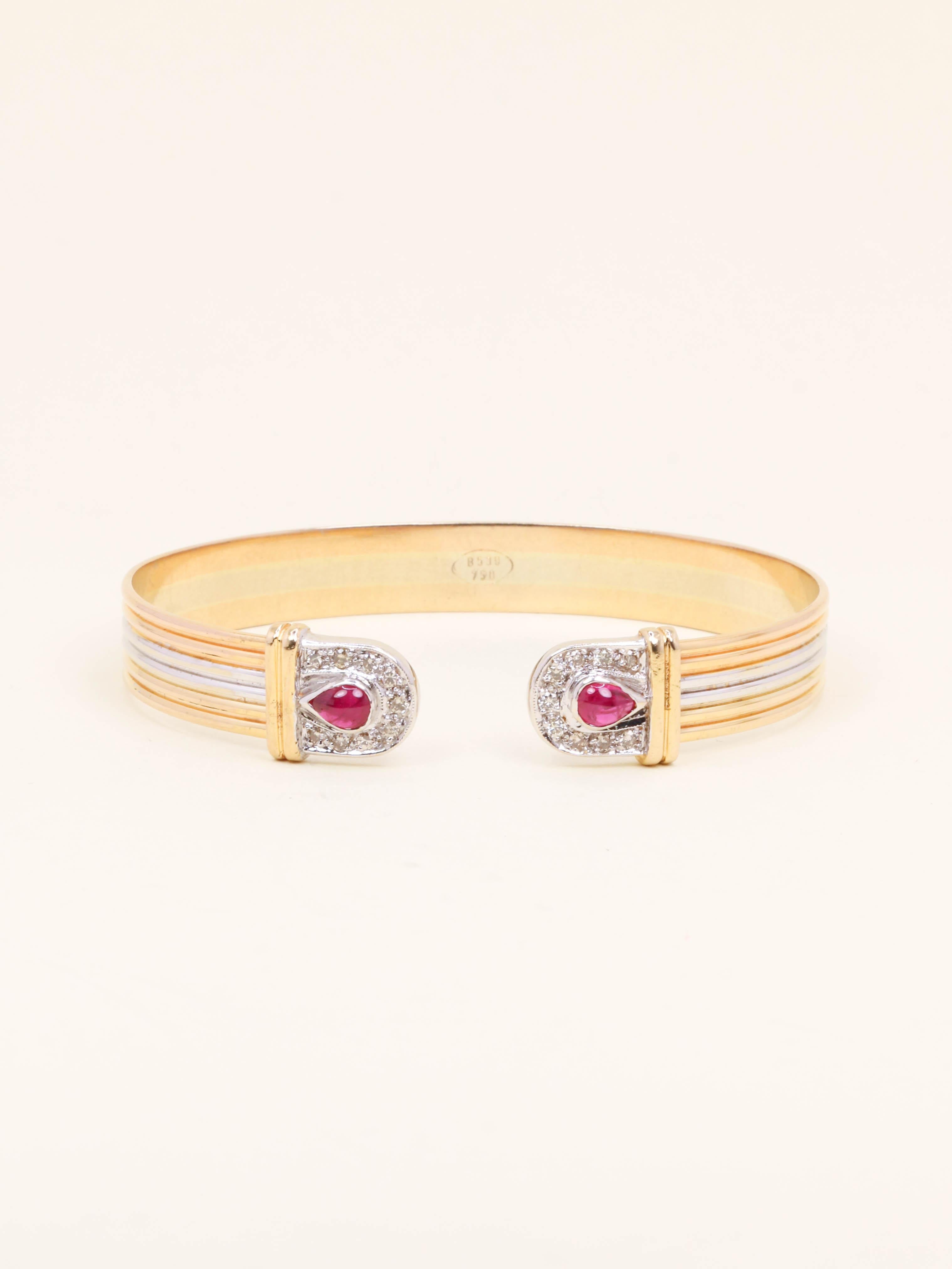 Bracelet jonc ouvert 3 ors rubis diamants