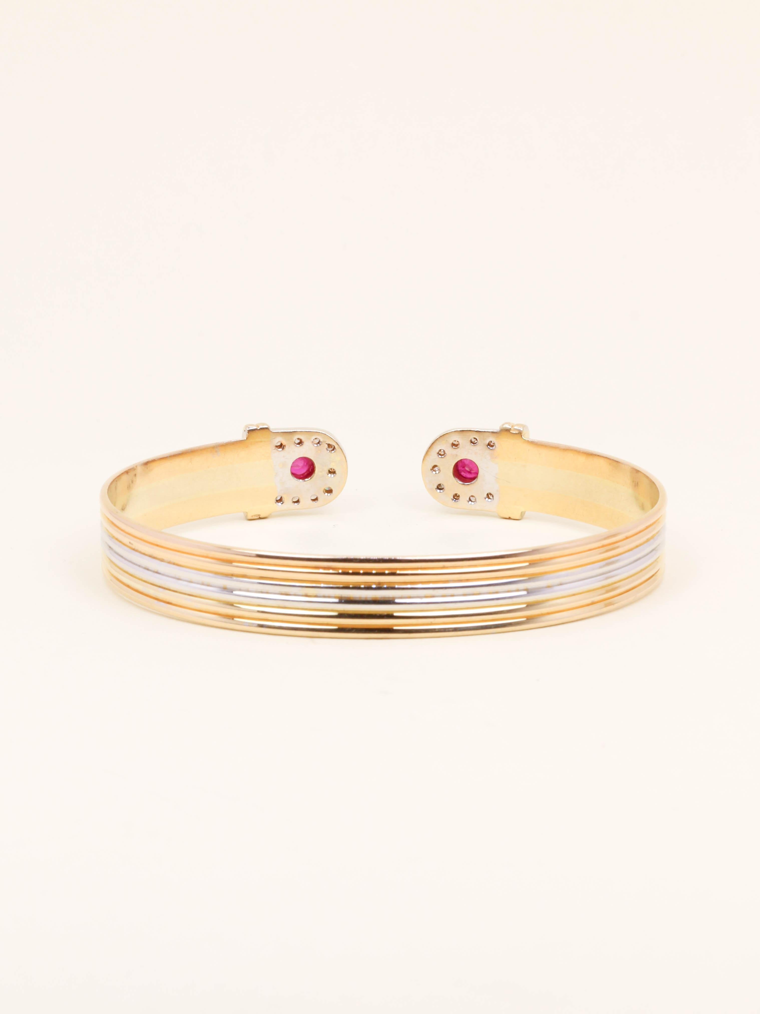 Bracelet jonc ouvert 3 ors rubis diamants