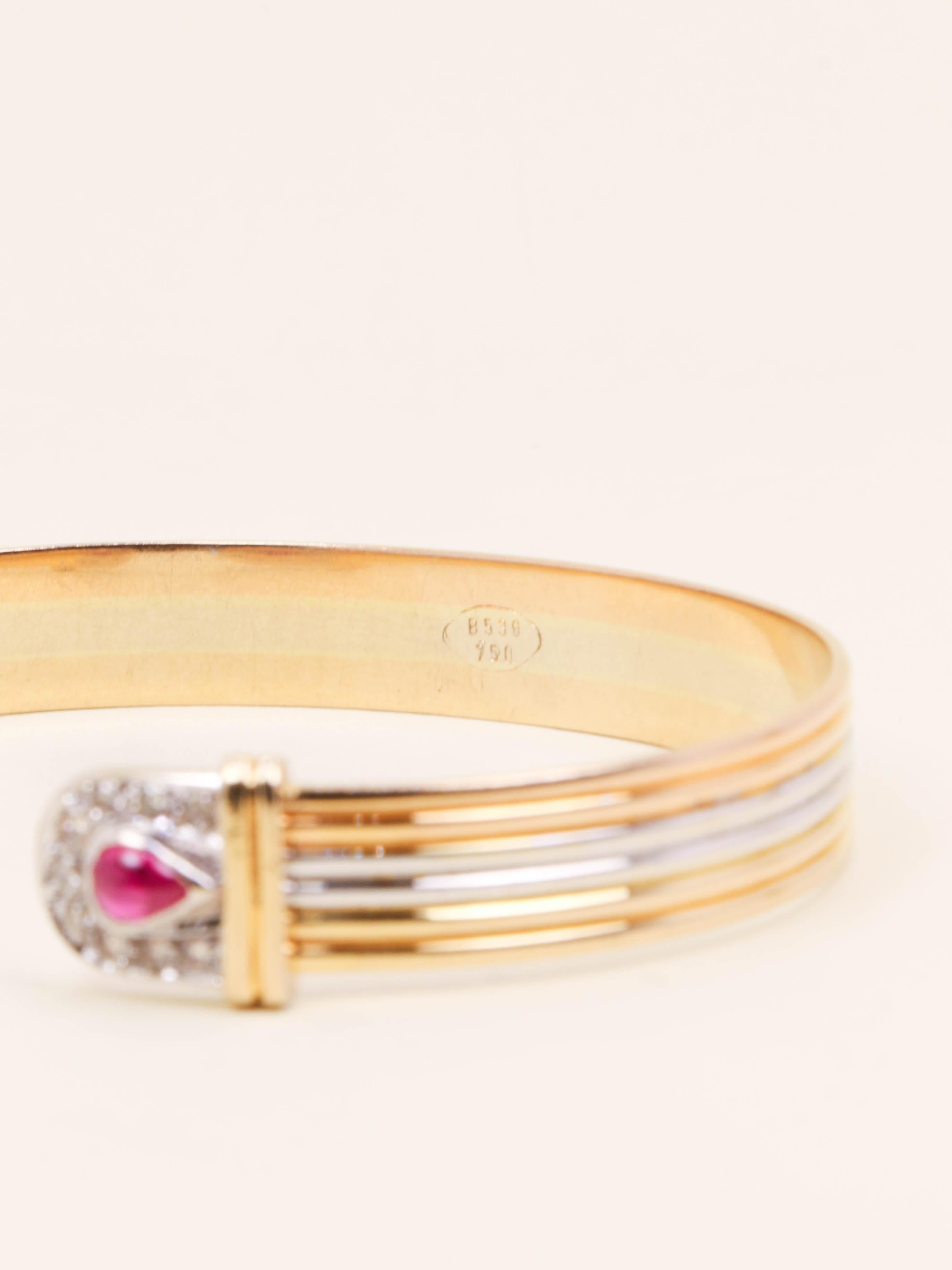 Bracelet jonc ouvert 3 ors rubis diamants