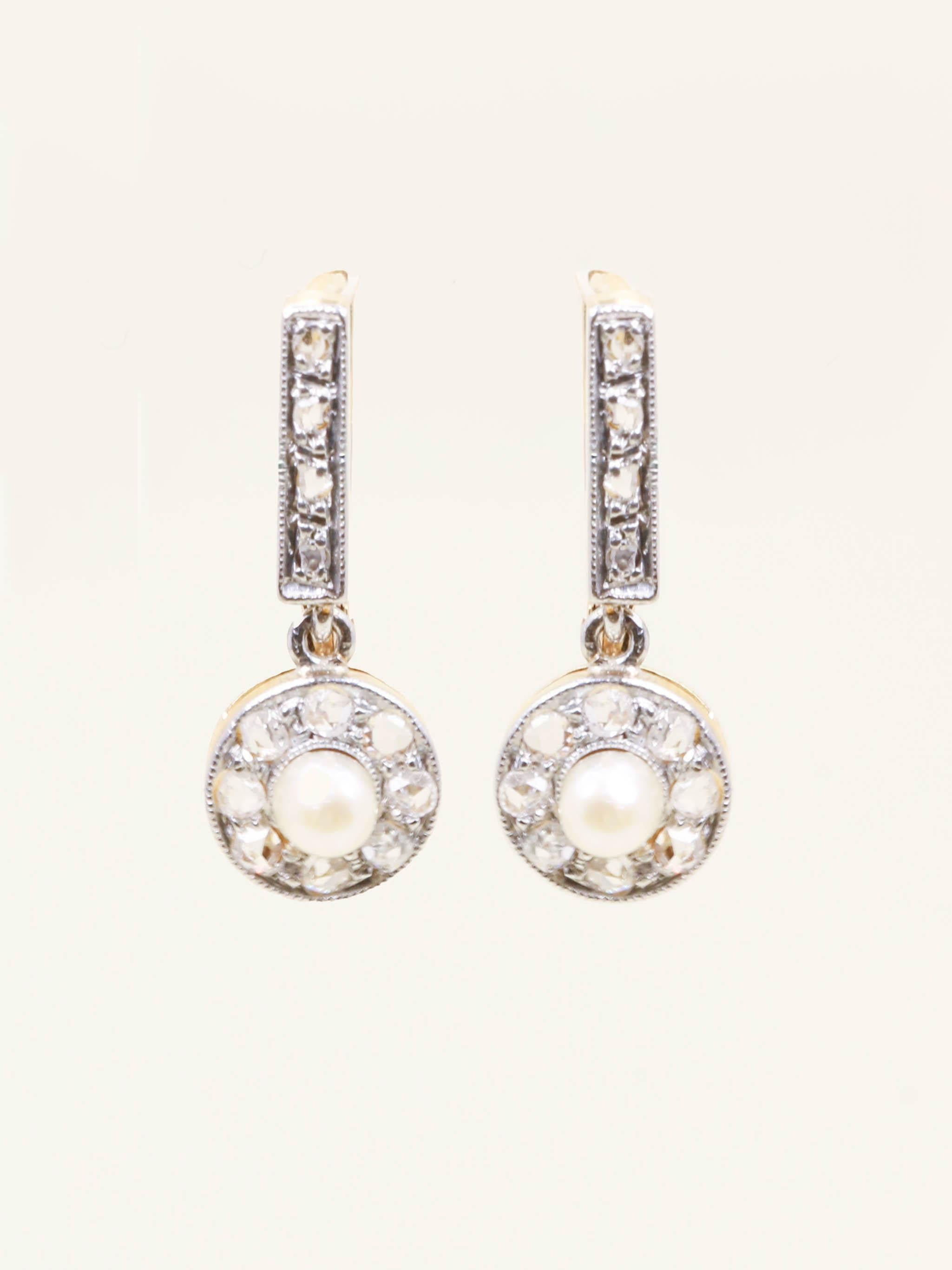 Boucles d'oreilles dormeuses anciennes diamants perles