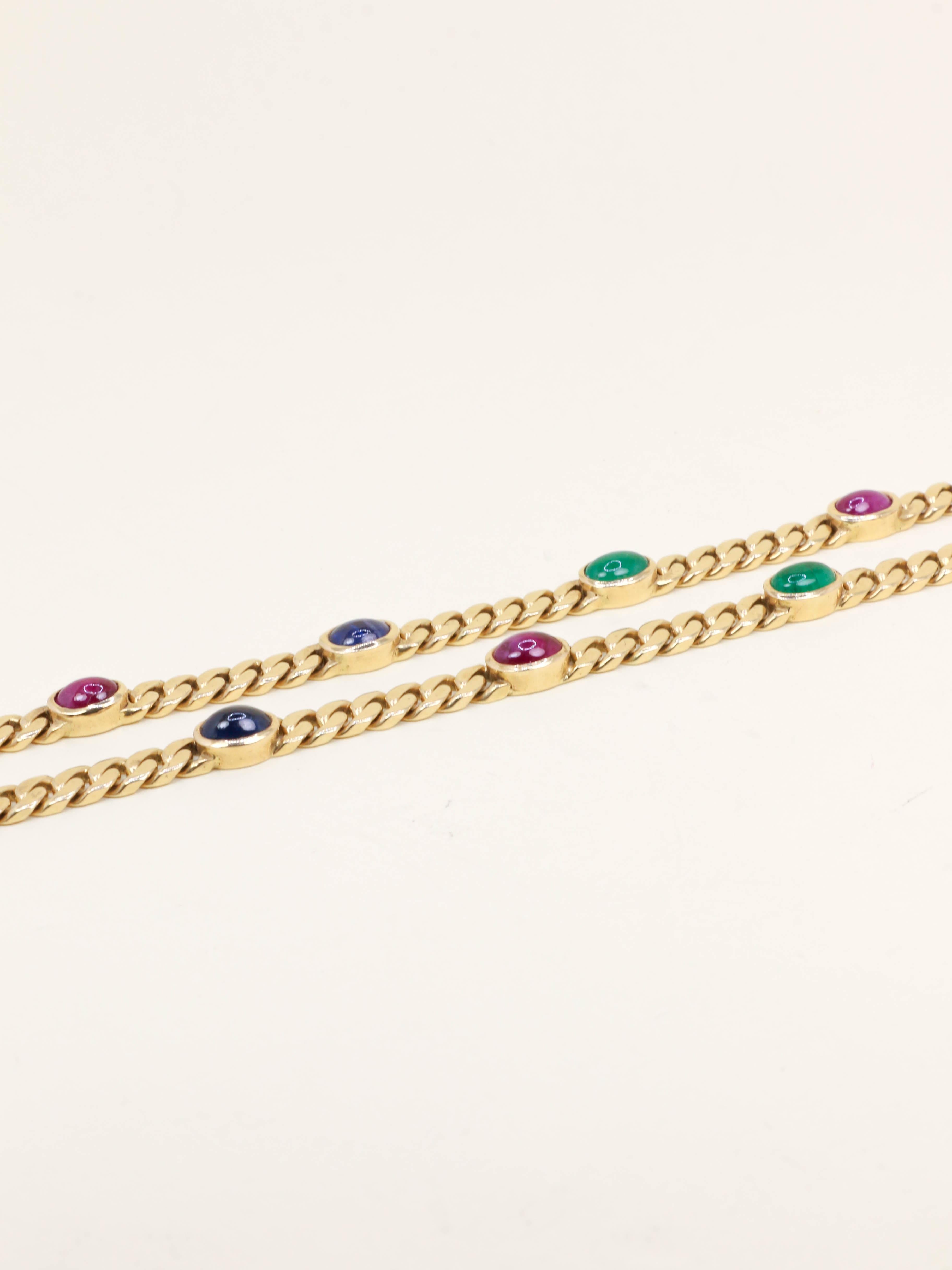 Sautoir maille gourmette or jaune saphirs rubis emeraudes