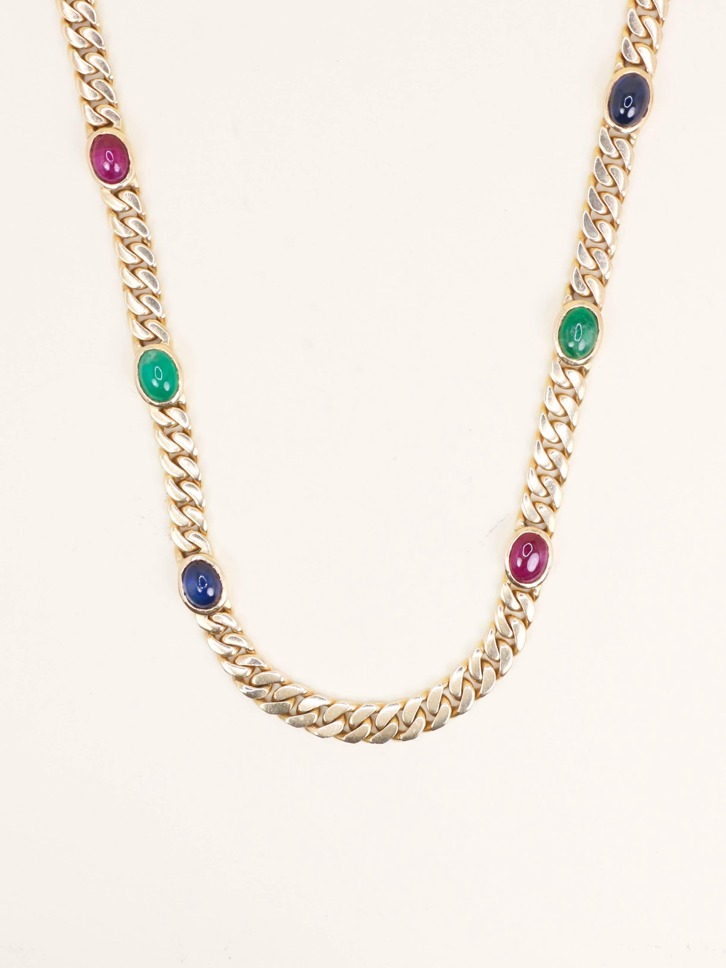 Sautoir maille gourmette or jaune saphirs rubis emeraudes