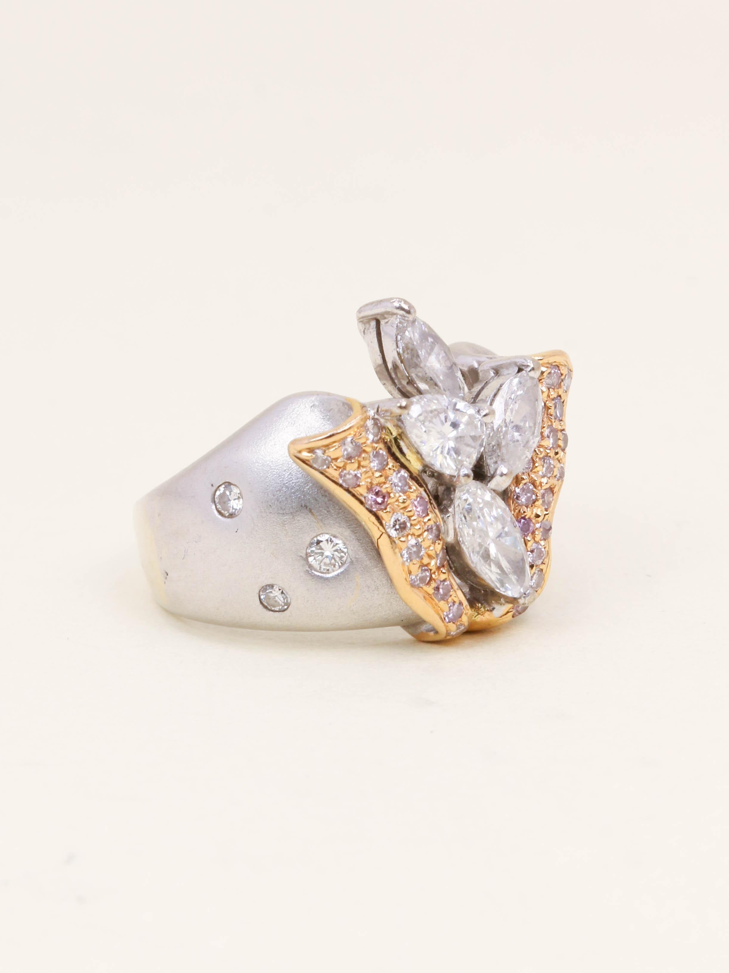 Bague fleur vintage or blanc diamants