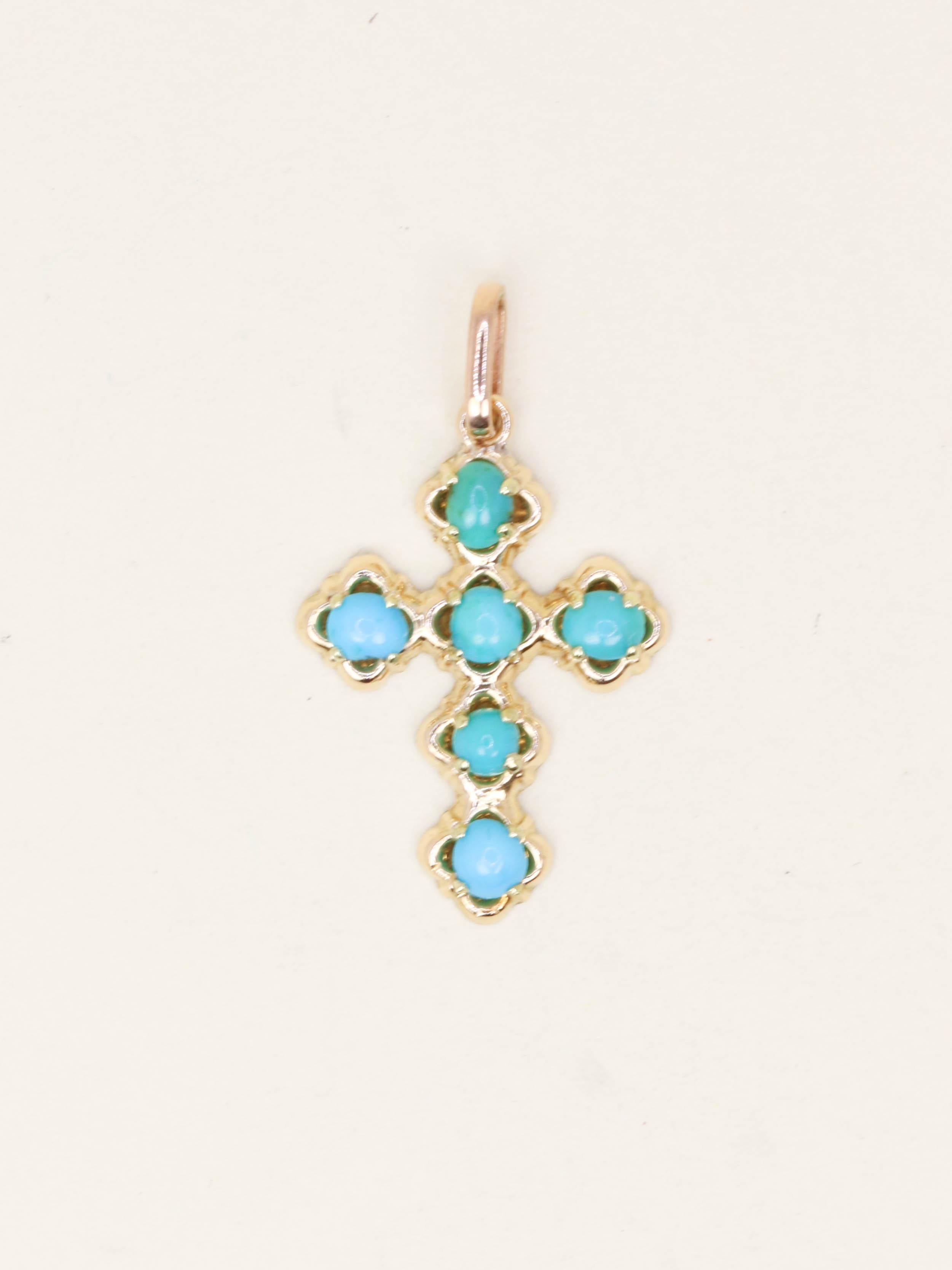 Pendentif Croix or jaune cabochons de turquoise