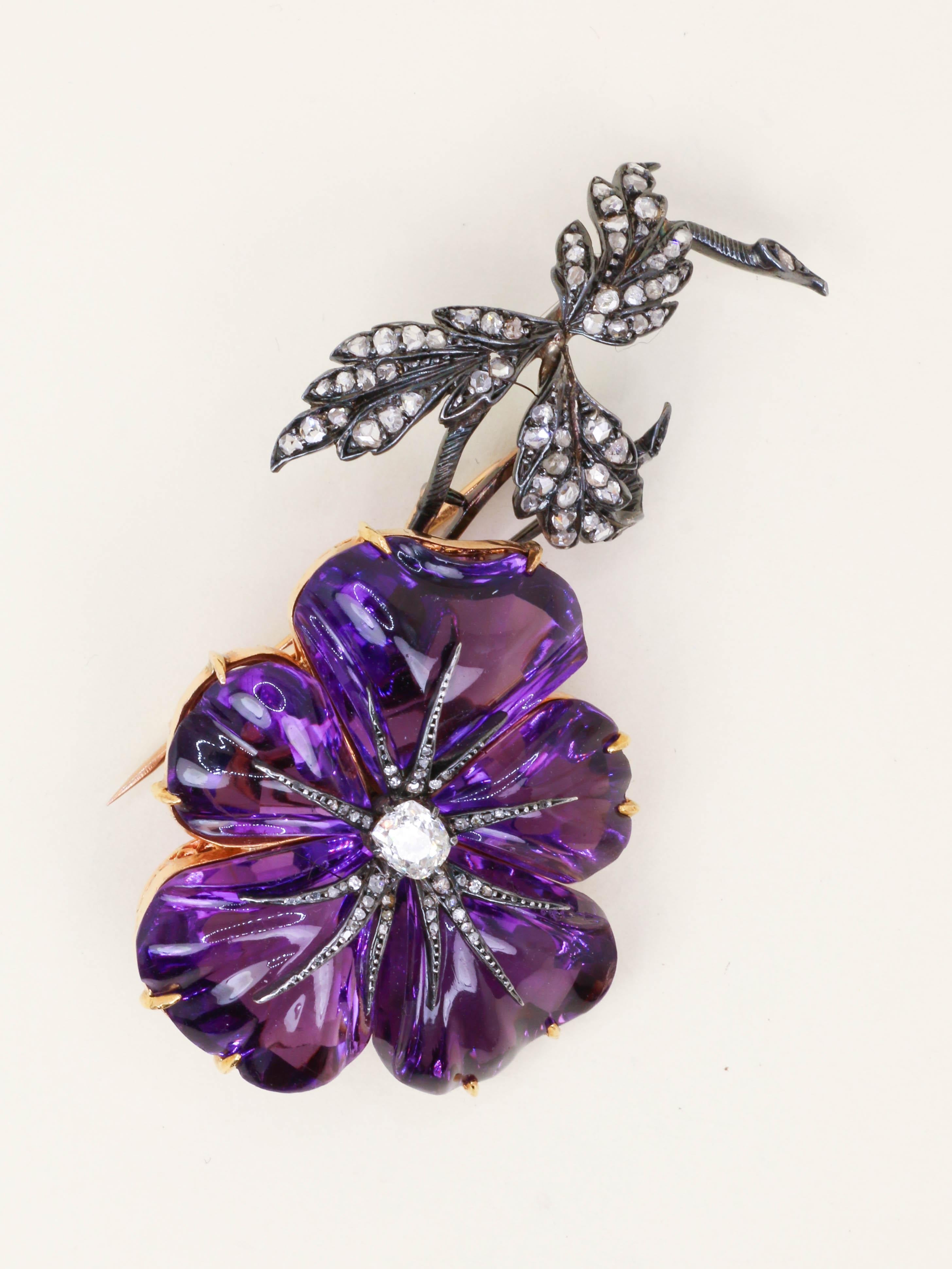 Broche trembleuse or argent améthyste diamants taille rose