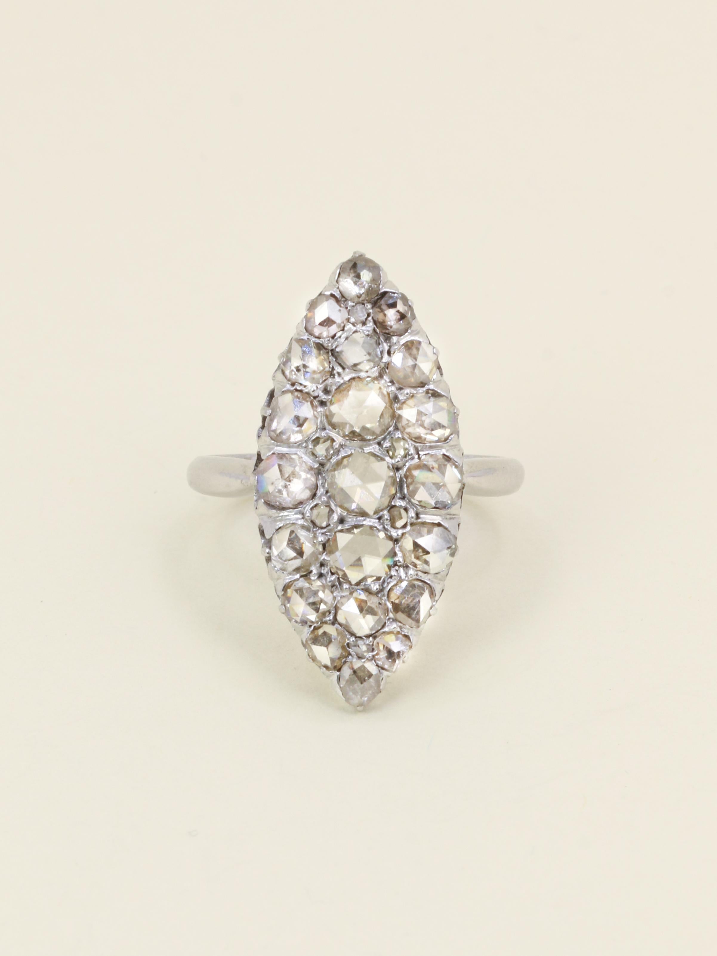 Bague marquise or blanc diamants taille rose