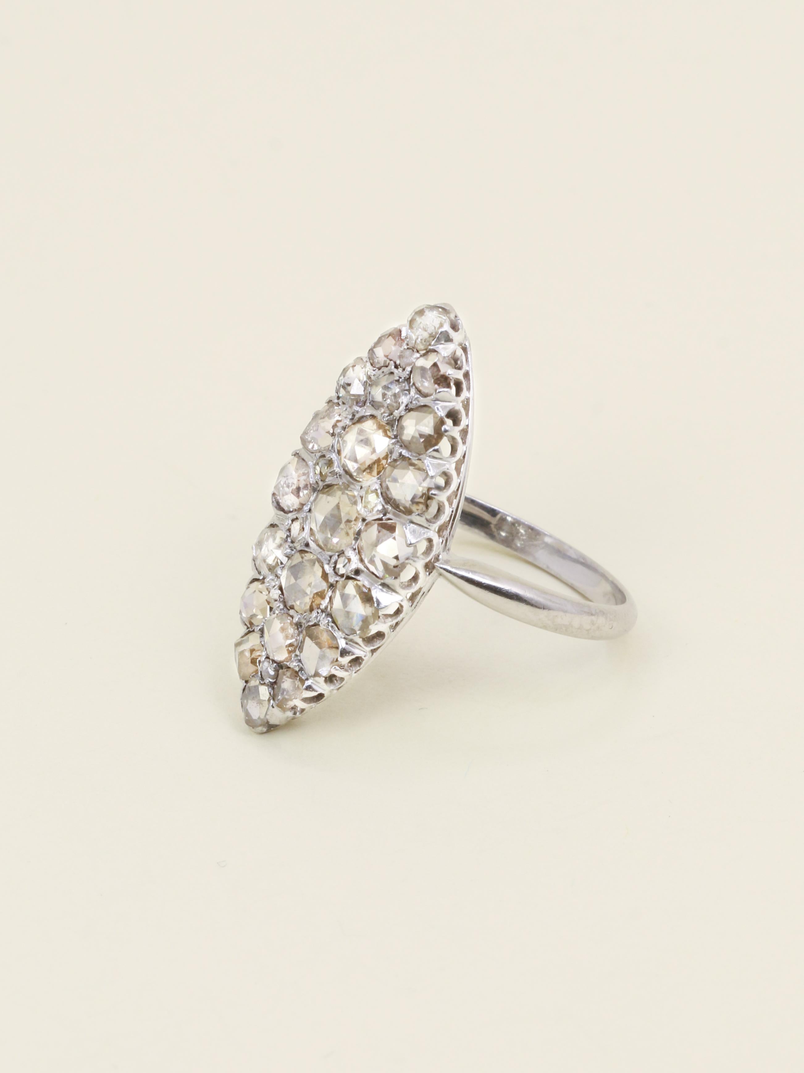 Bague marquise or blanc diamants taille rose