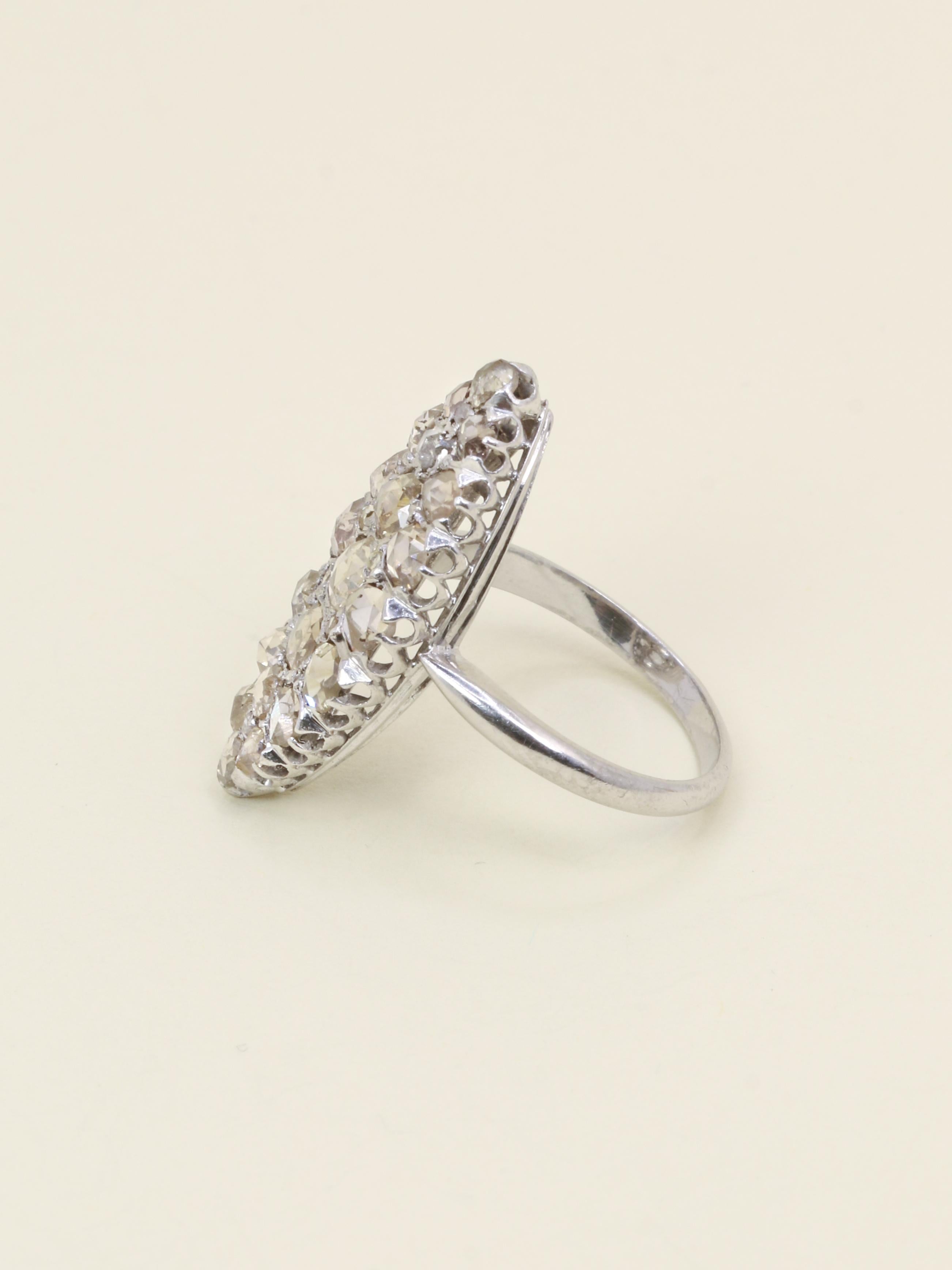 Bague marquise or blanc diamants taille rose