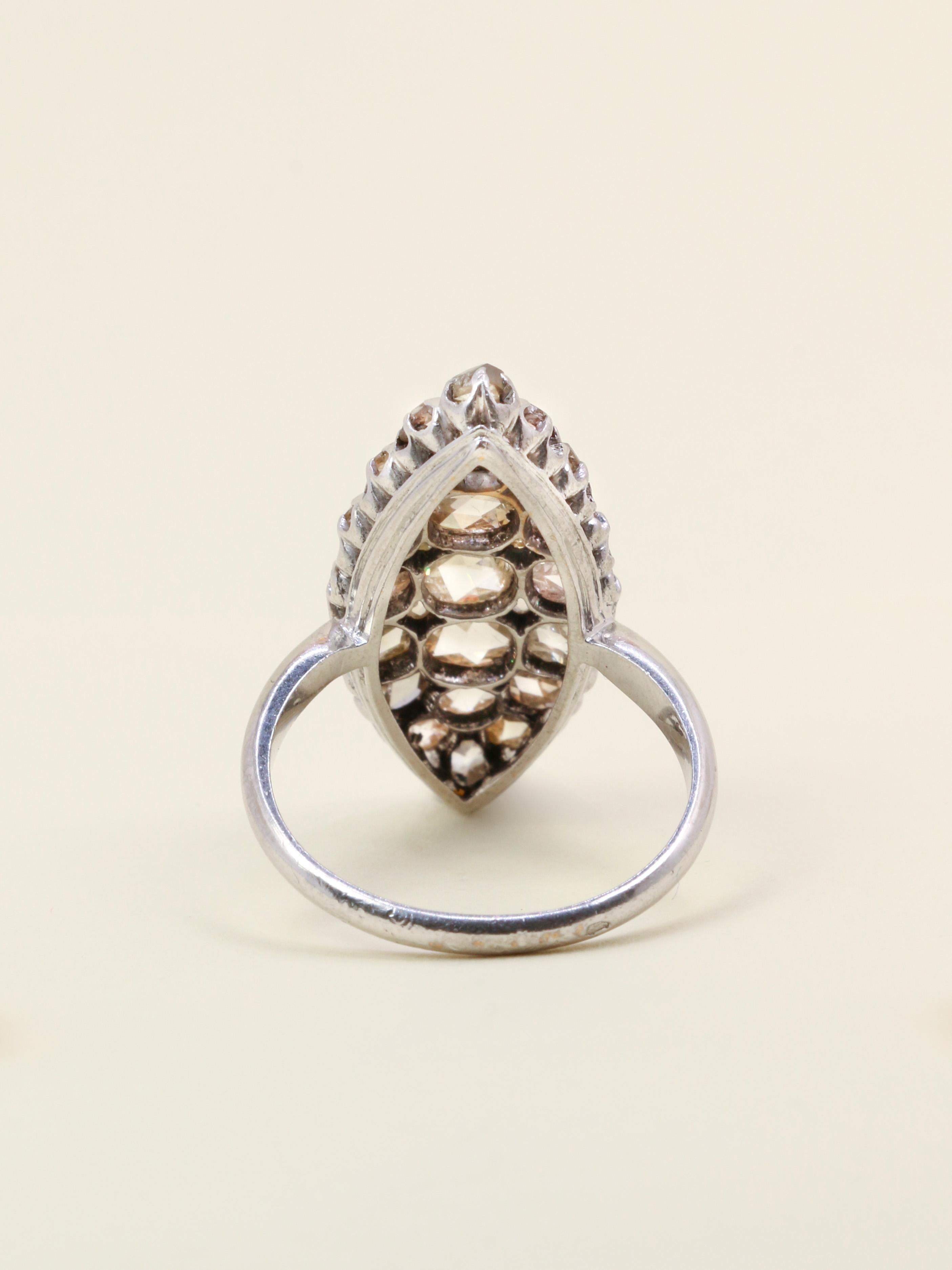 Bague marquise or blanc diamants taille rose