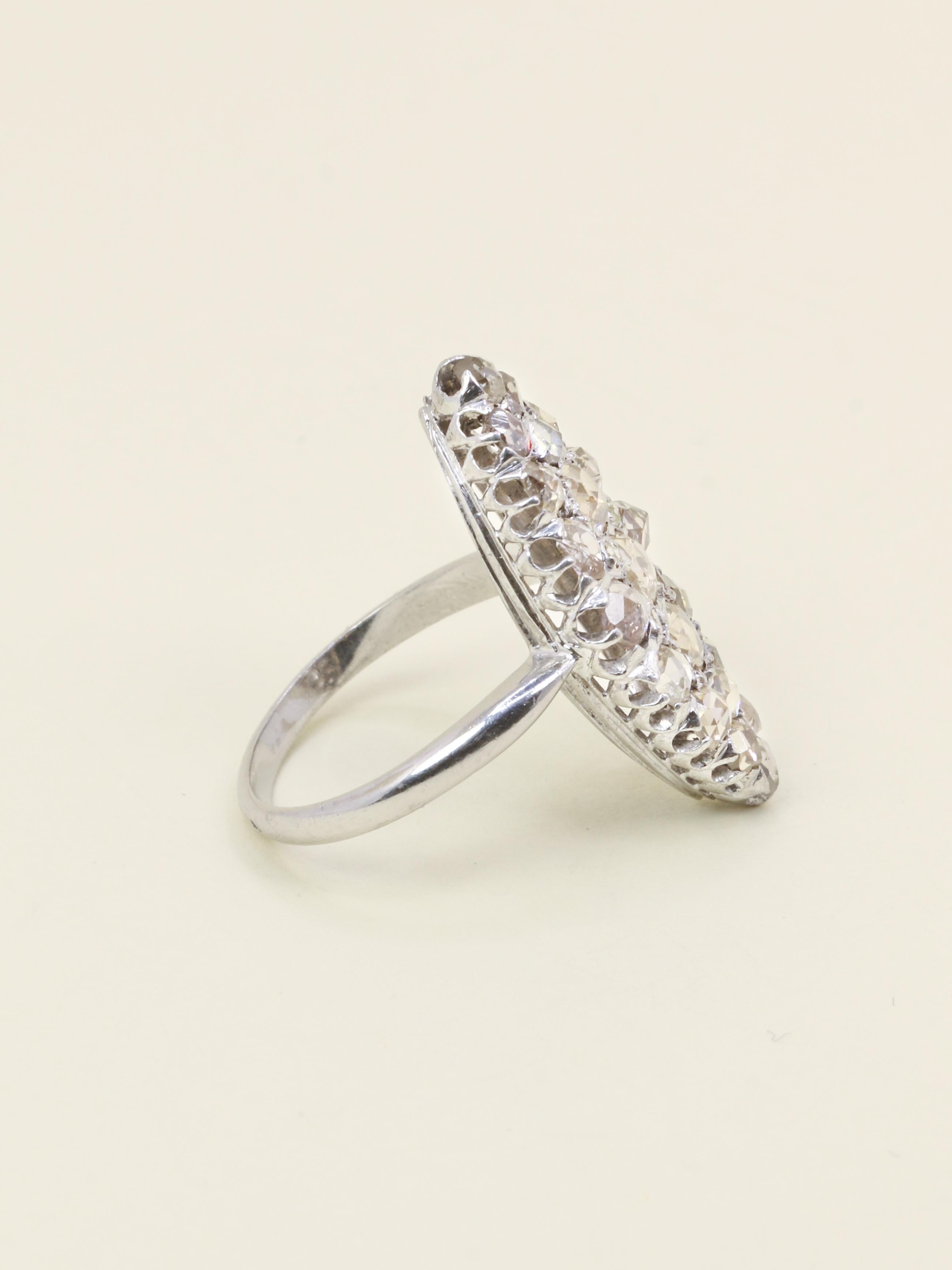 Bague marquise or blanc diamants taille rose