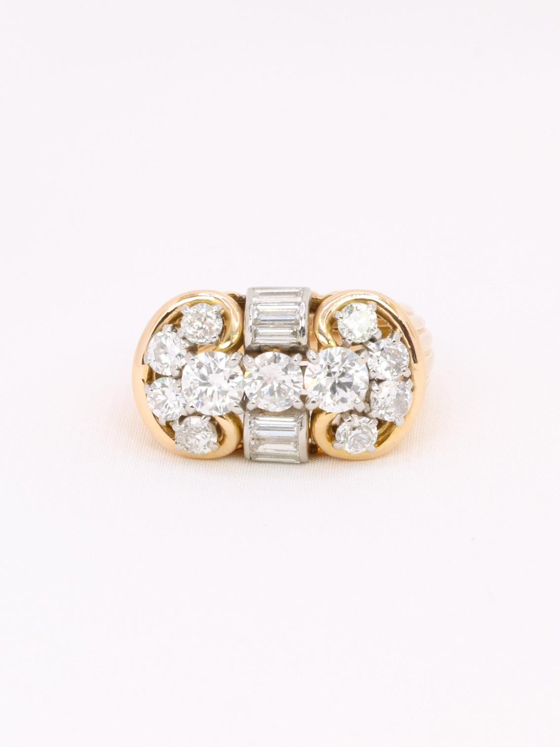 Bague godrons vintage or jaune diamants