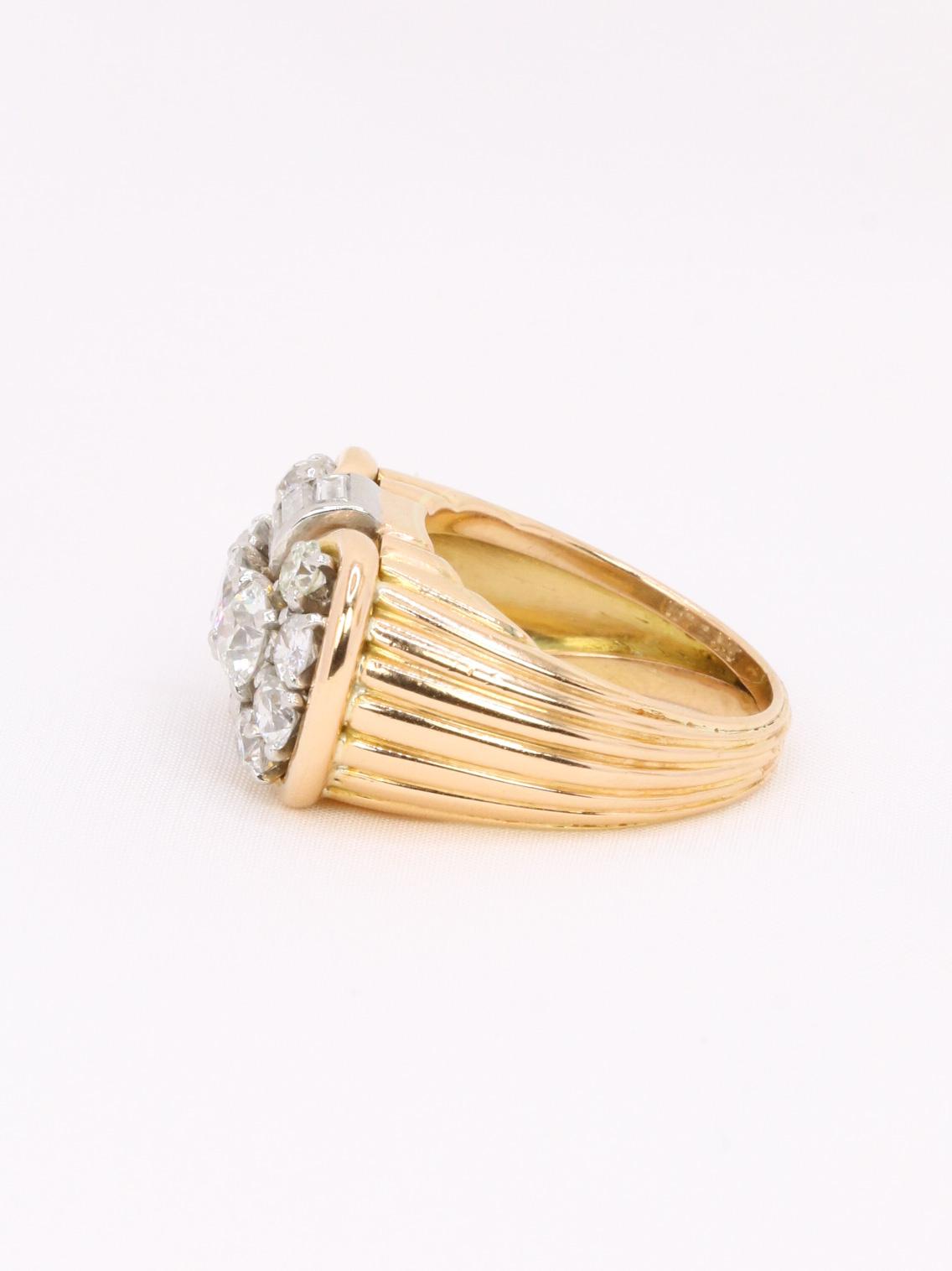 Bague godrons vintage or jaune diamants