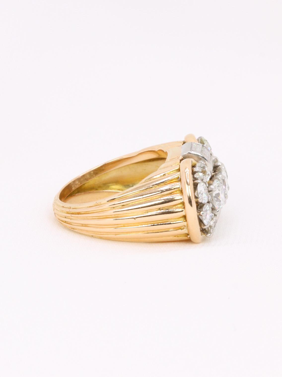 Bague godrons vintage or jaune diamants