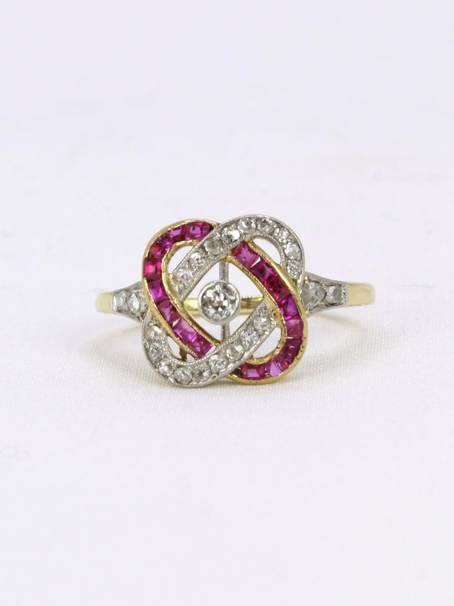 Bague Belle Epoque or jaune diamants rubis calibres