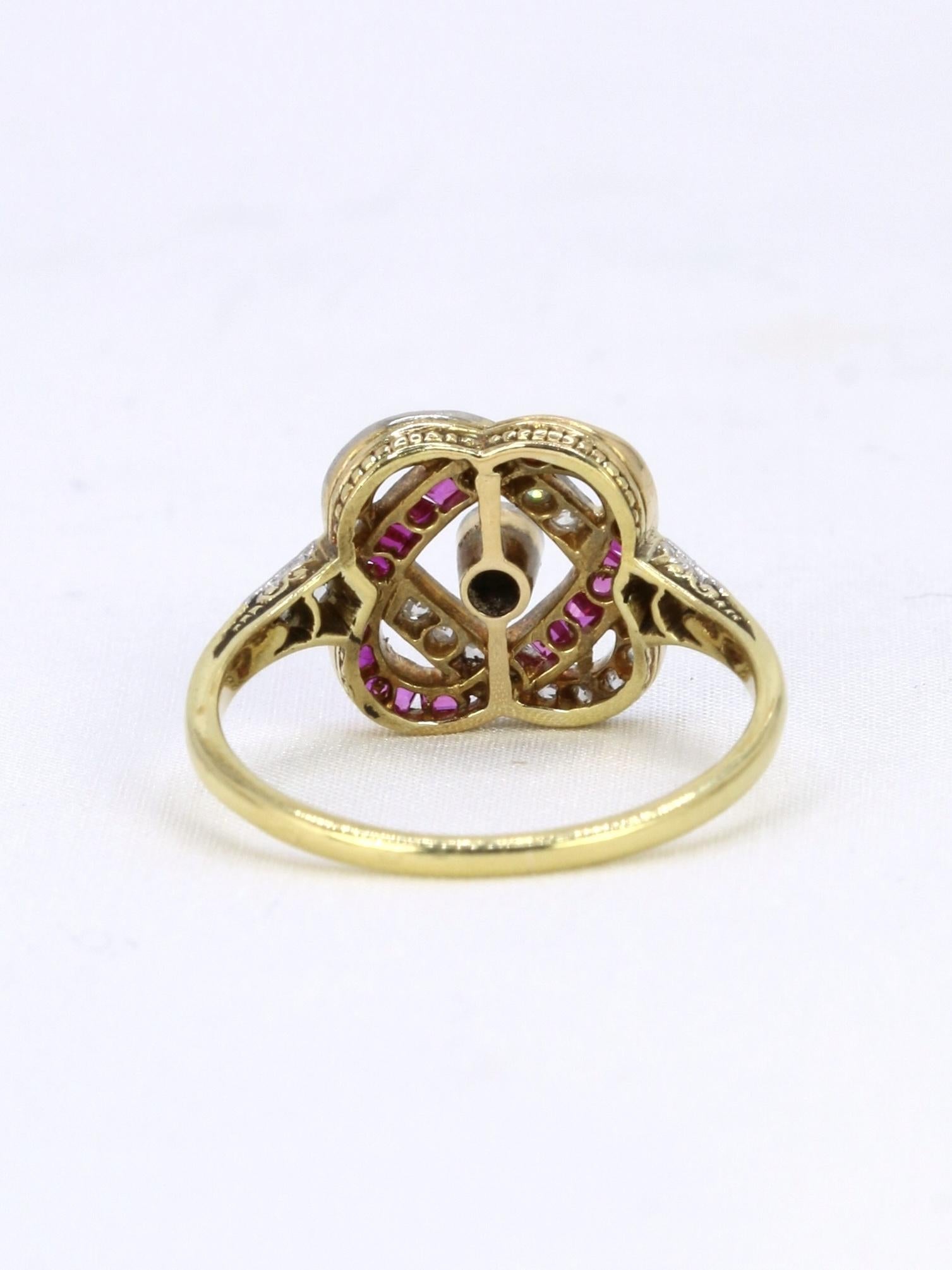 Bague Belle Epoque or jaune diamants rubis calibres