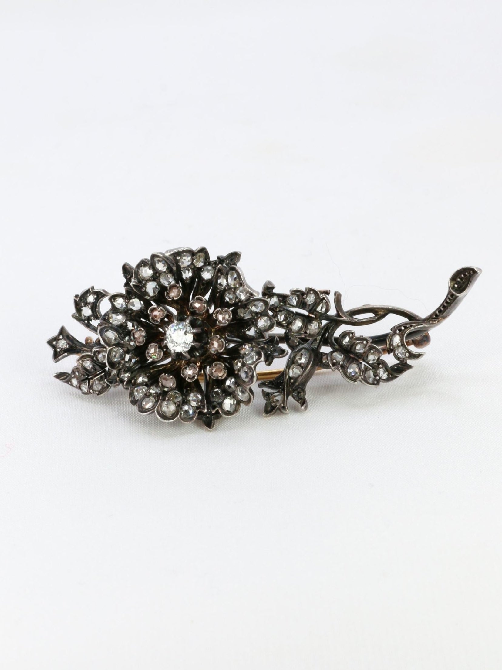 Broche trembleuse or argent diamants taille ancienne