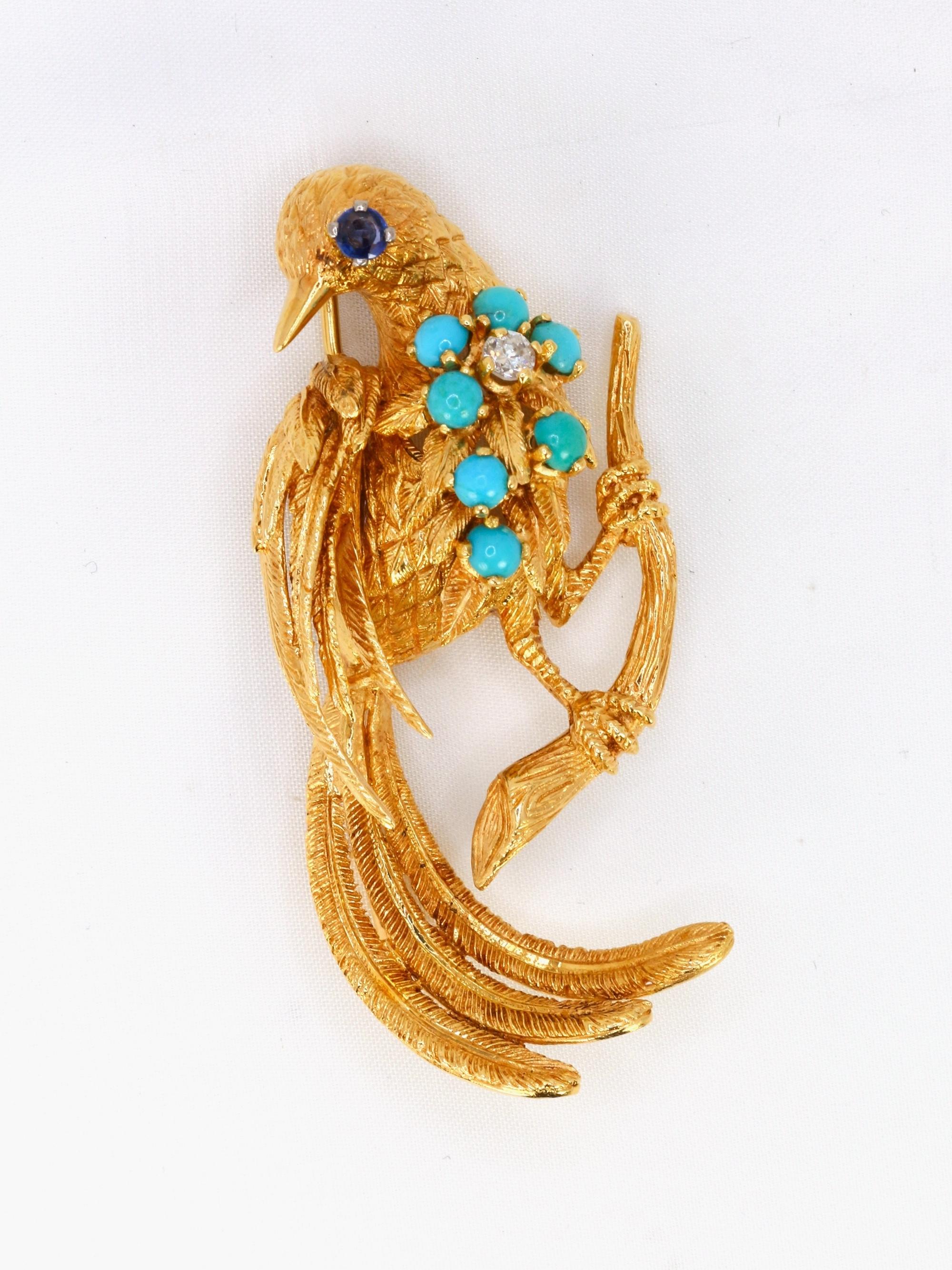 Broche oiseau vintage or jaune saphir turquoise diamant