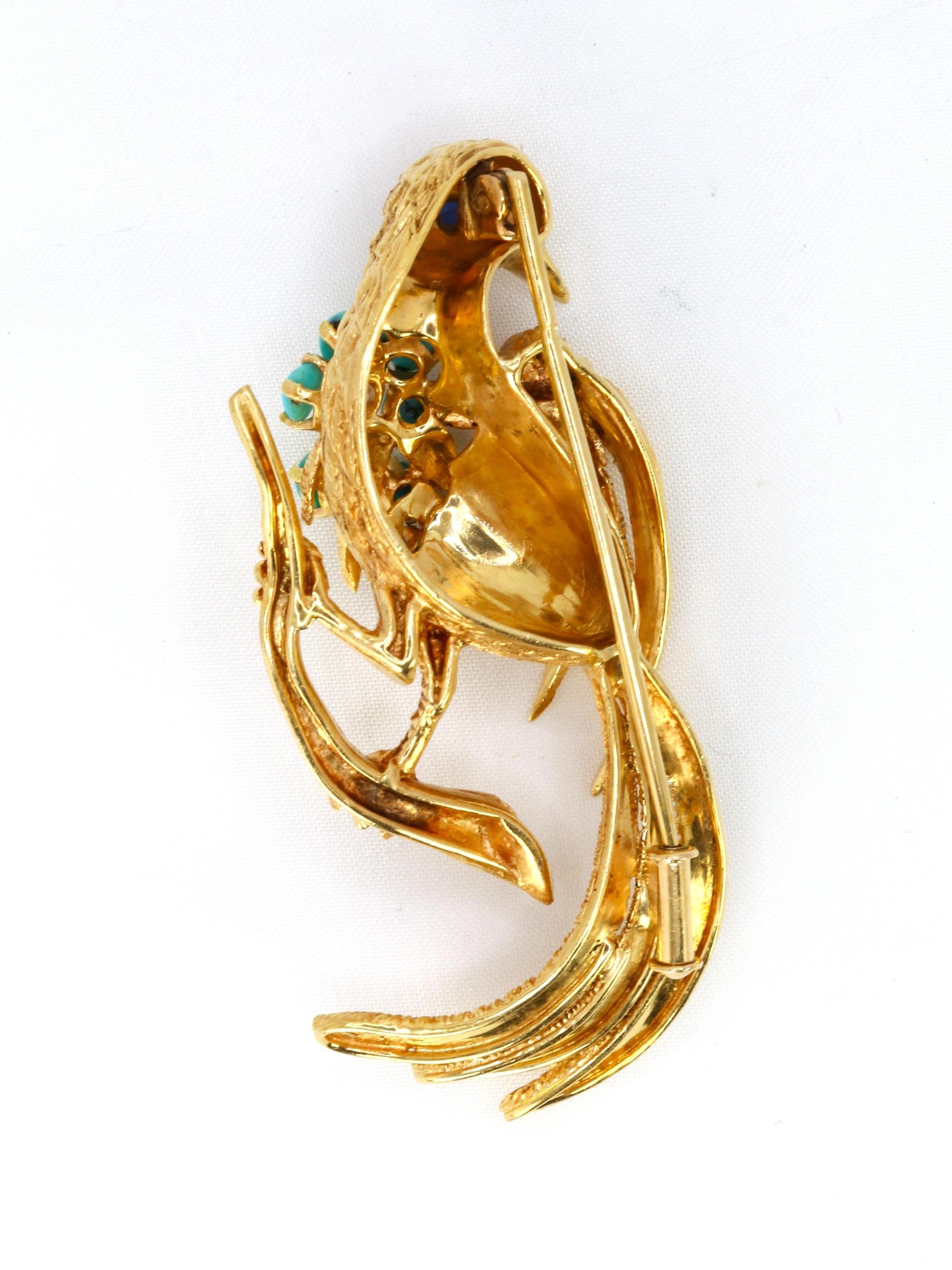 Broche oiseau vintage or jaune saphir turquoise diamant