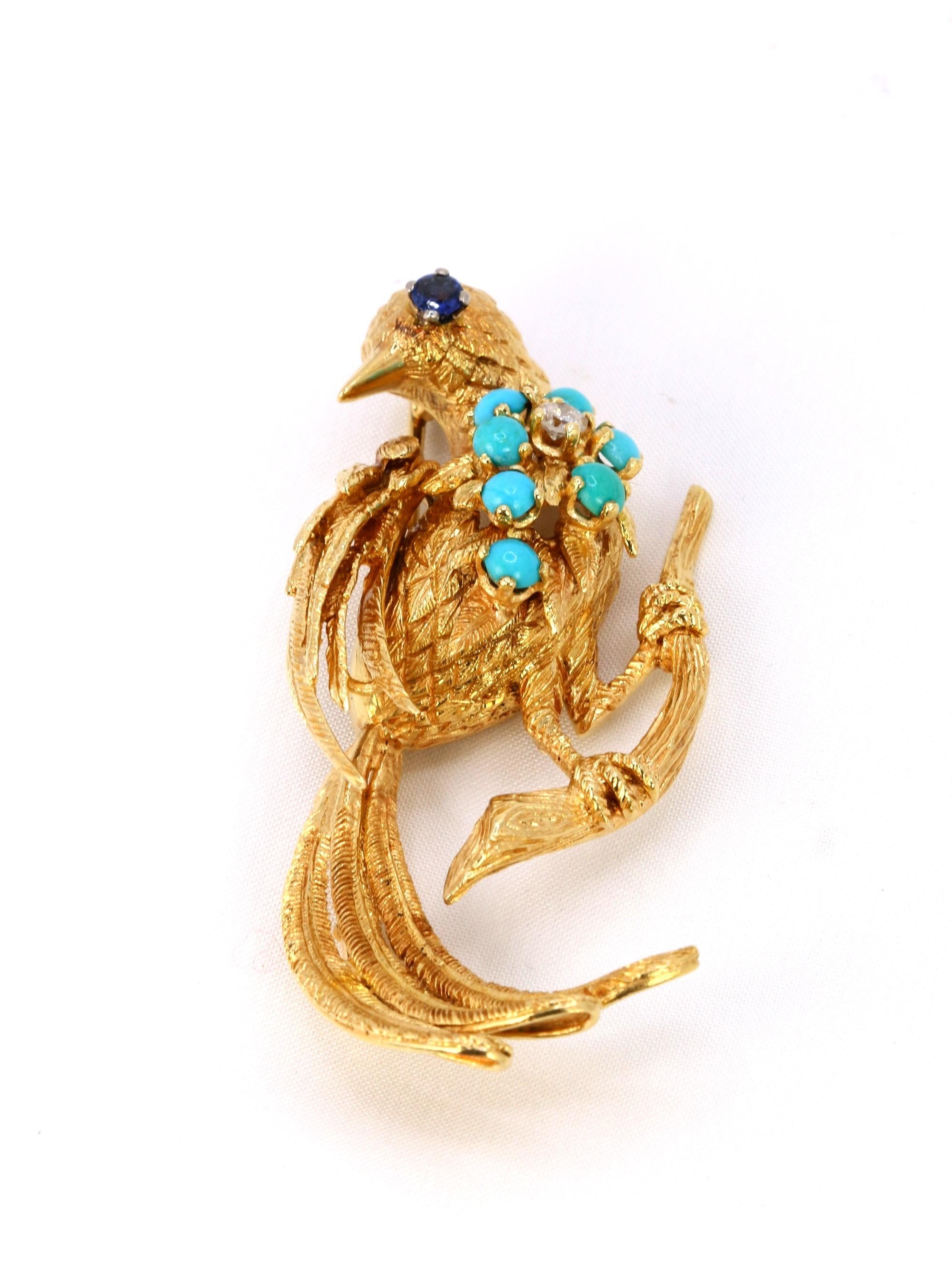 Broche oiseau vintage or jaune saphir turquoise diamant