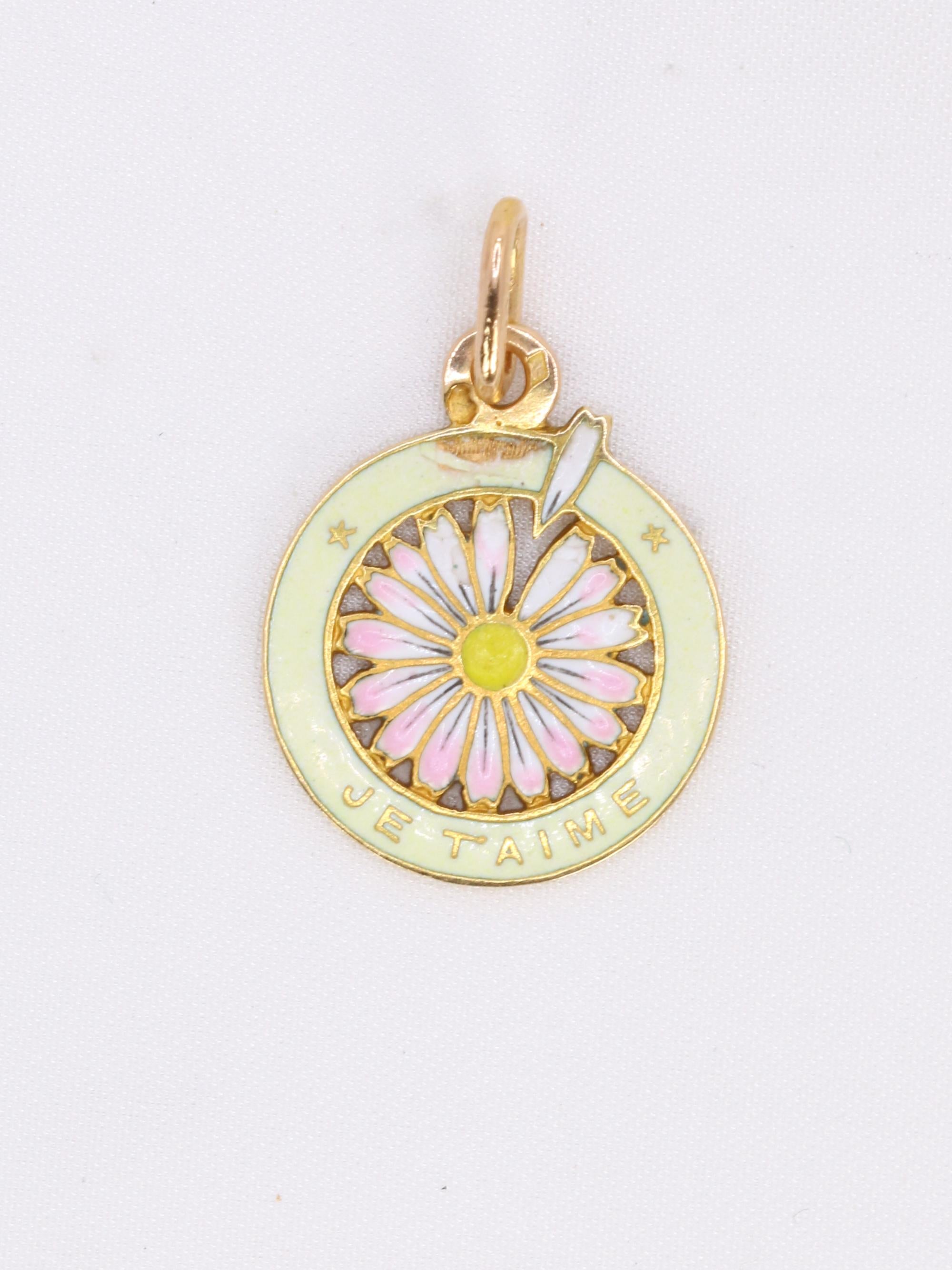 Medaille vintage Je t’aime or jaune émail