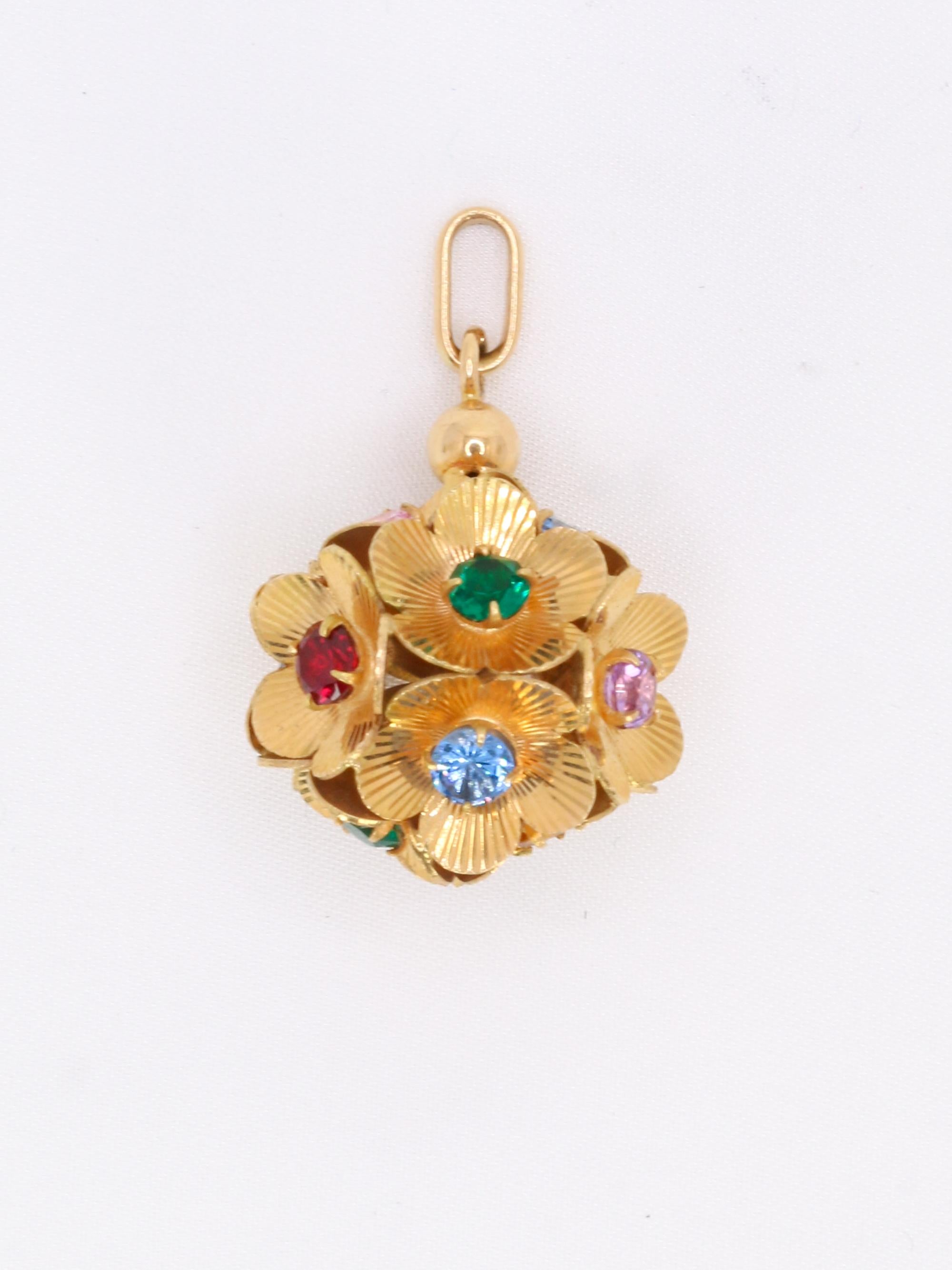 Pendentif fleurs vintage or jaune pierres de couleur