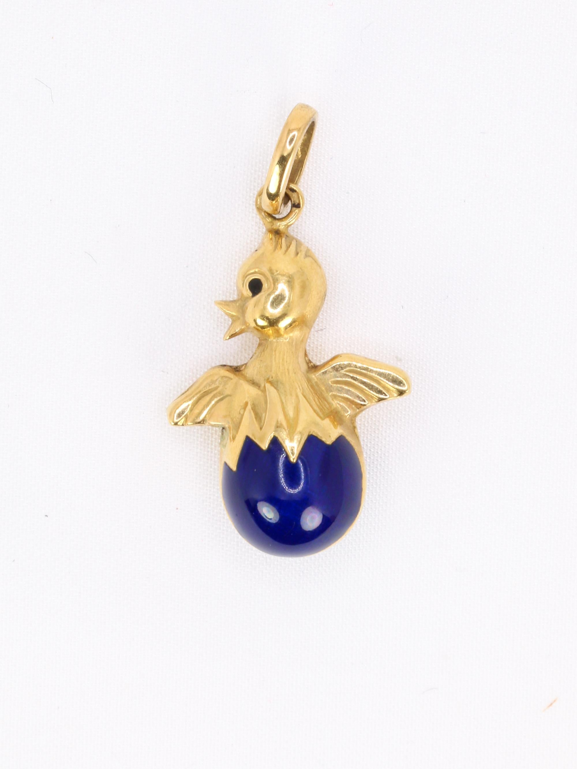 Pendentif charms vintage oiseau or jaune email bleu