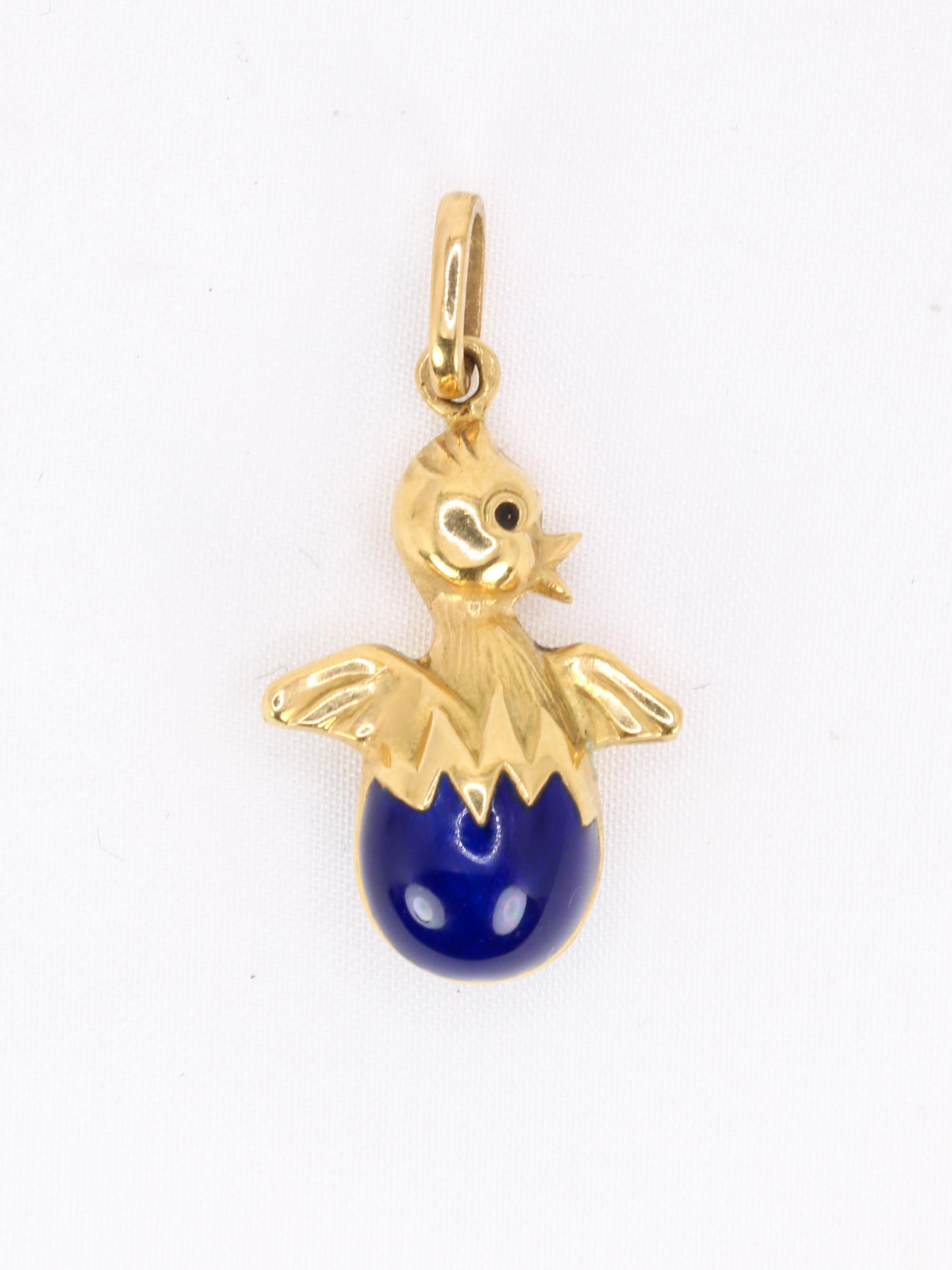 Pendentif charms vintage oiseau or jaune email bleu