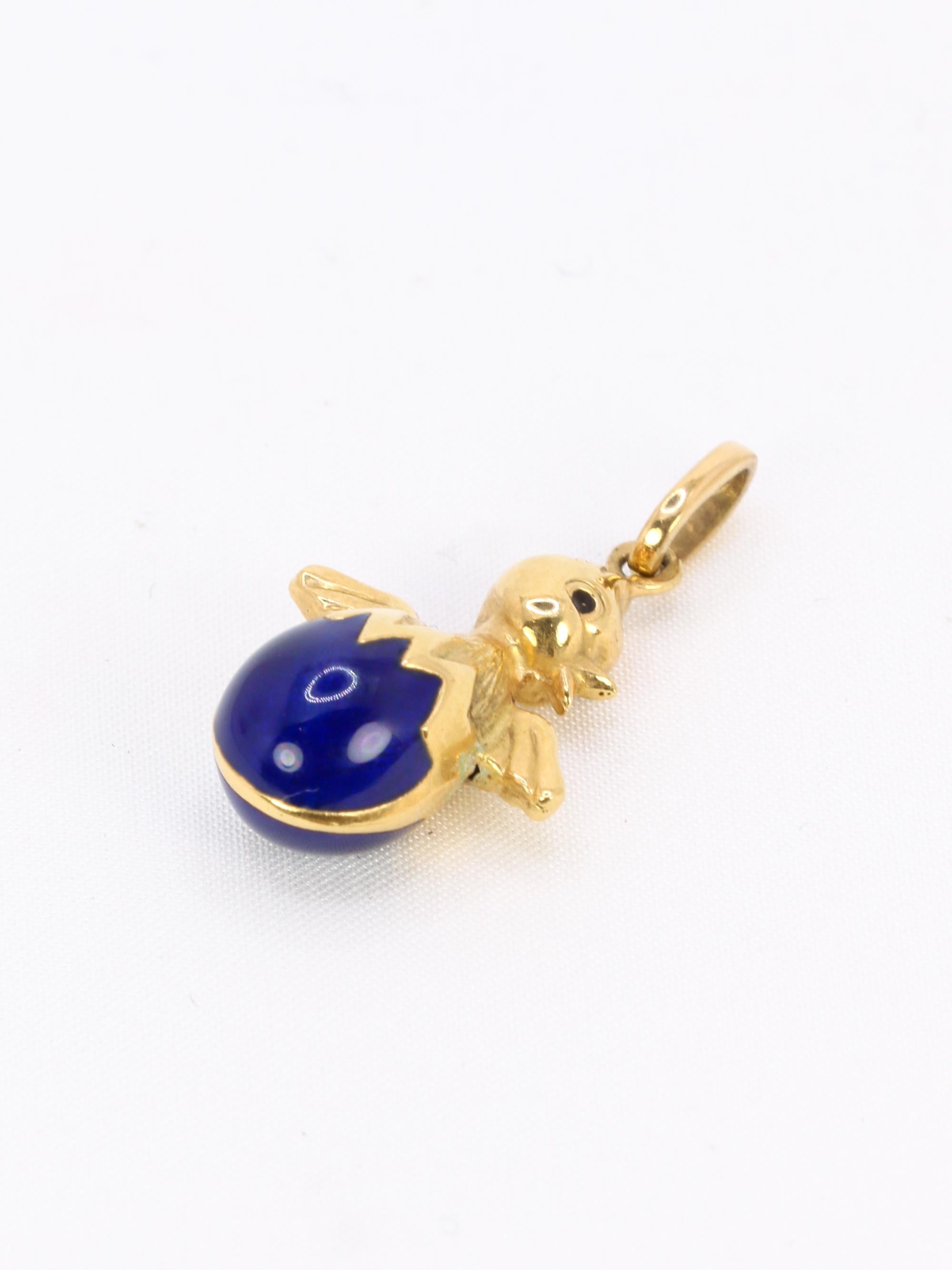 Pendentif charms vintage oiseau or jaune email bleu