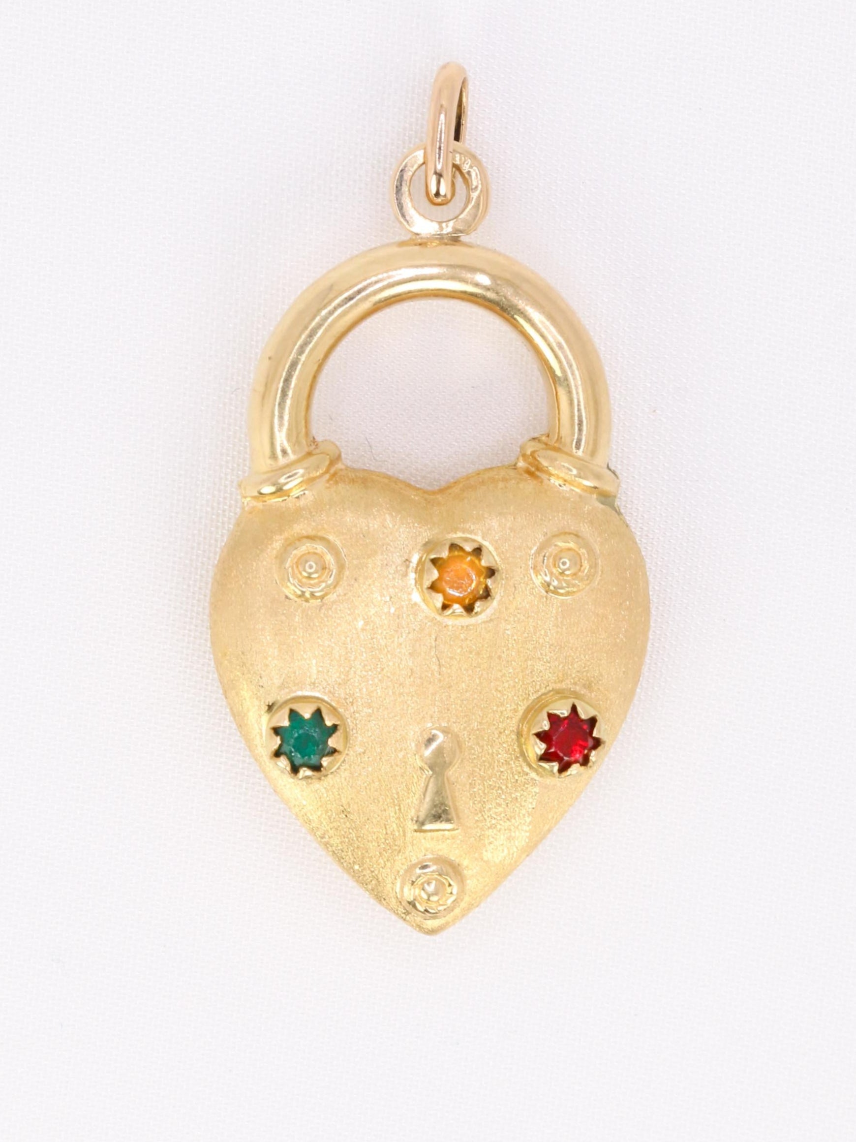 Pendentif Charms vintage cadenas coeur or jaune pierres de couleur