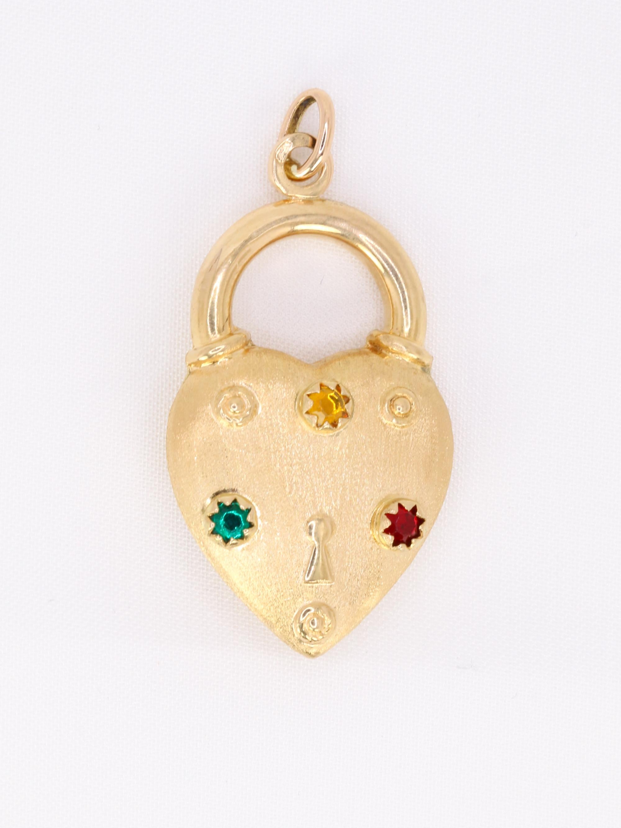 Pendentif Charms vintage cadenas coeur or jaune pierres de couleur