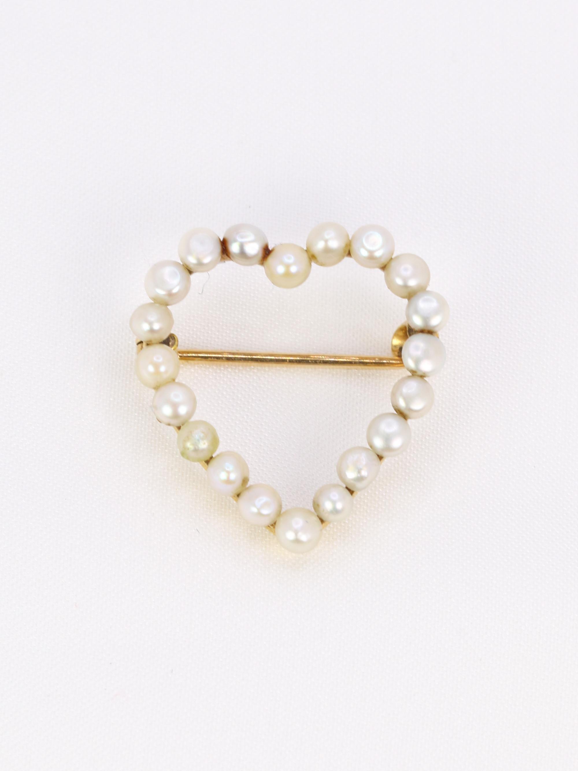 Broche ancienne coeur perles fines or jaune