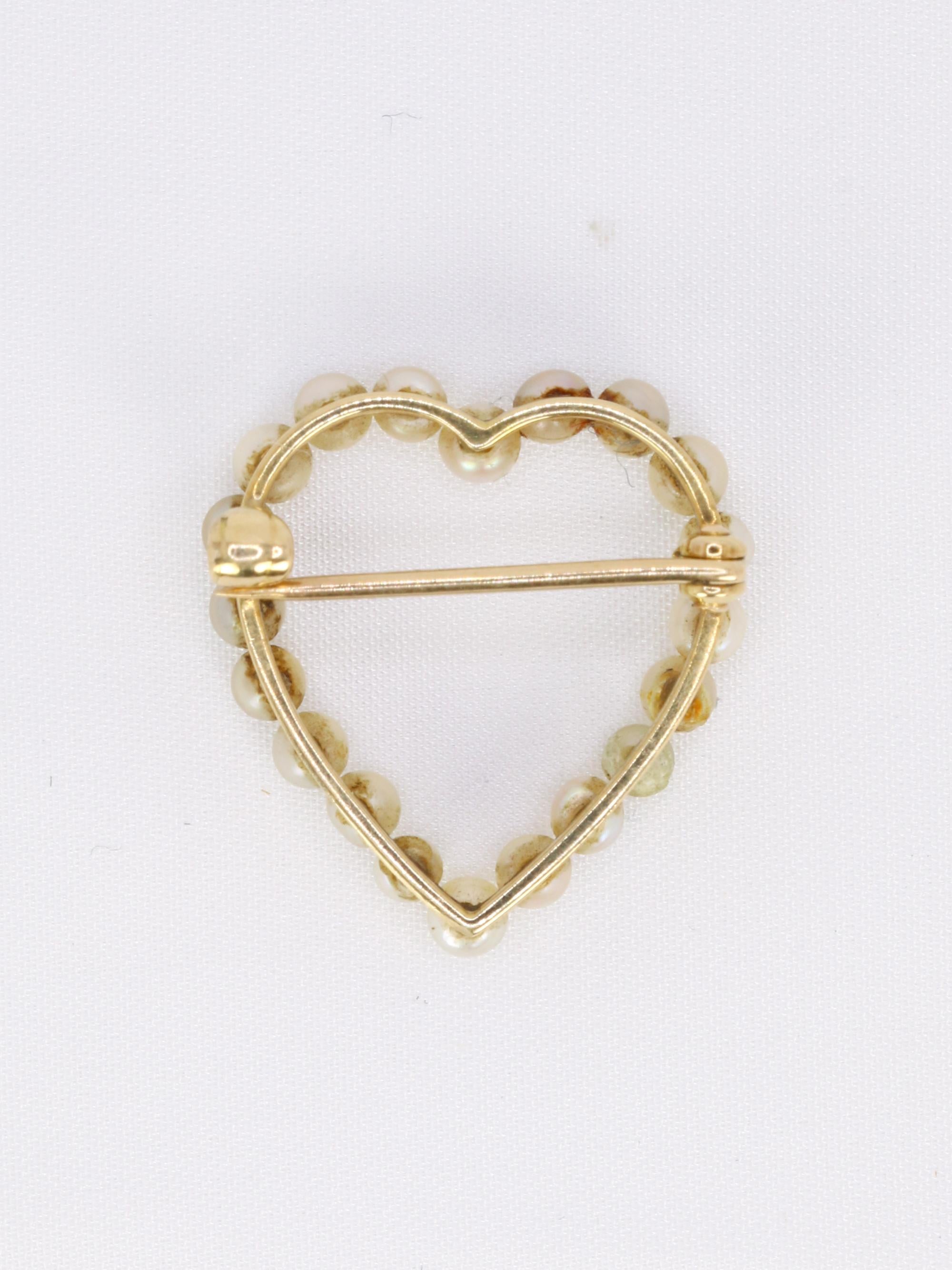 Broche ancienne coeur perles fines or jaune