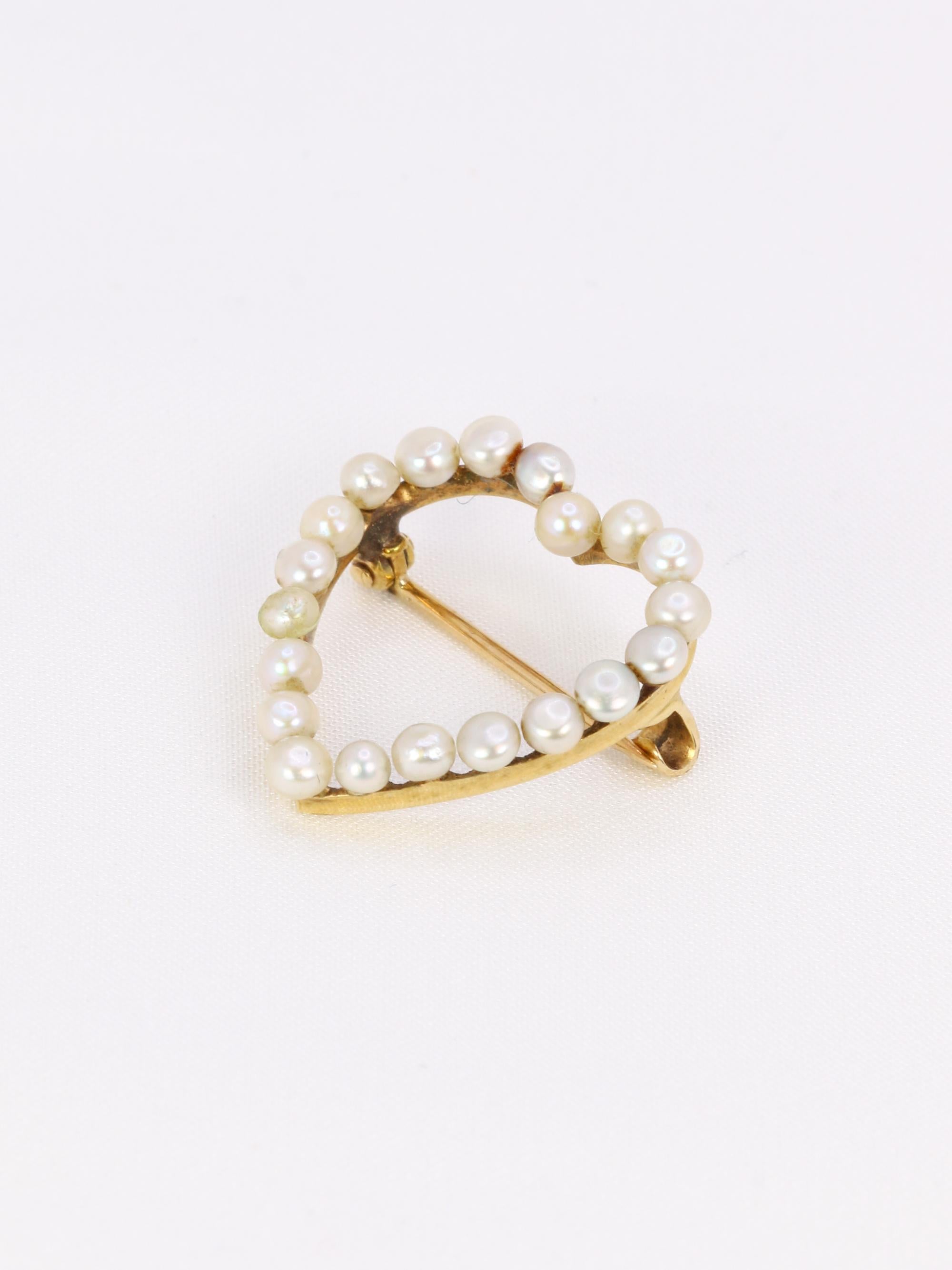 Broche ancienne coeur perles fines or jaune