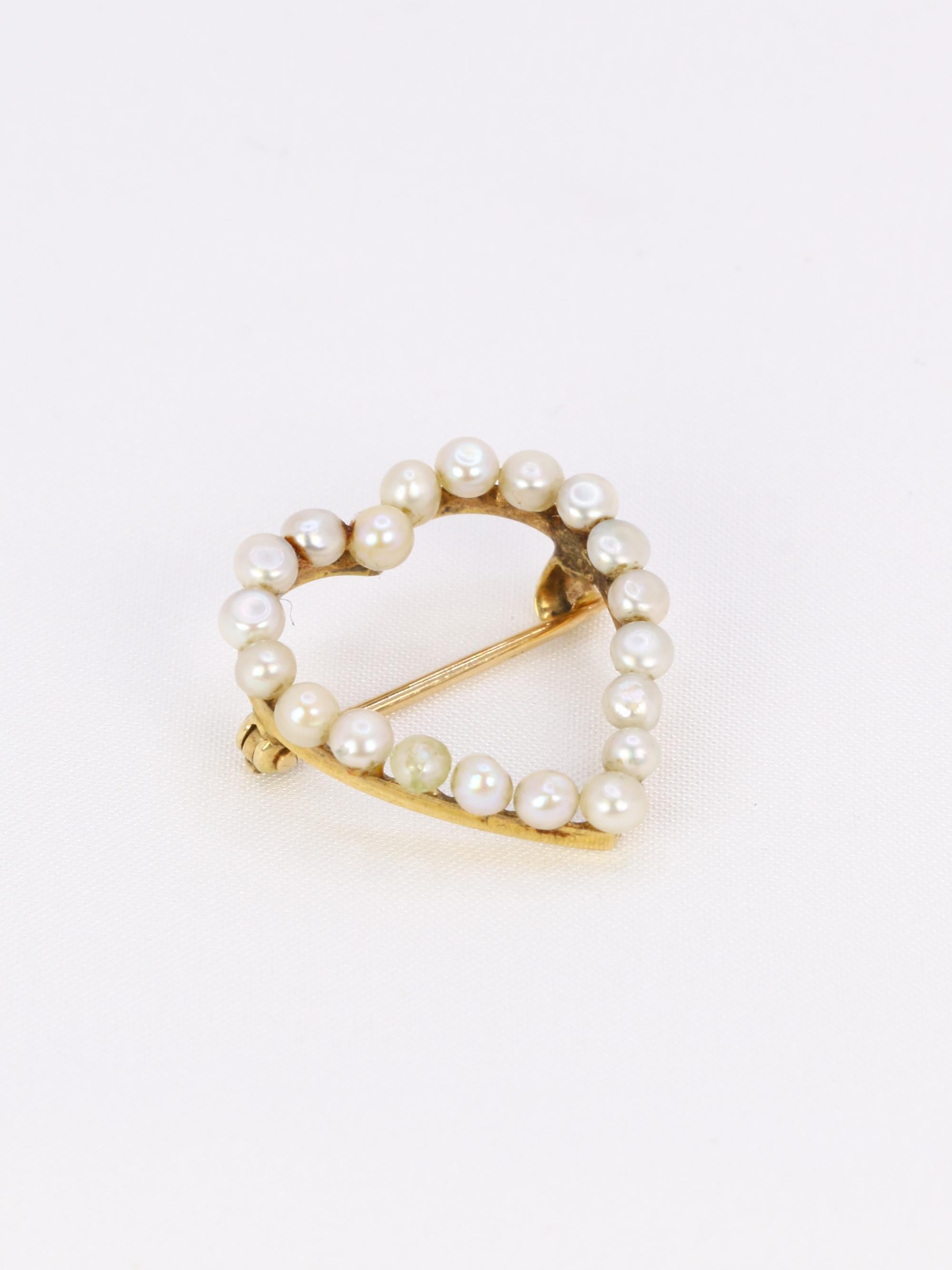 Broche ancienne coeur perles fines or jaune