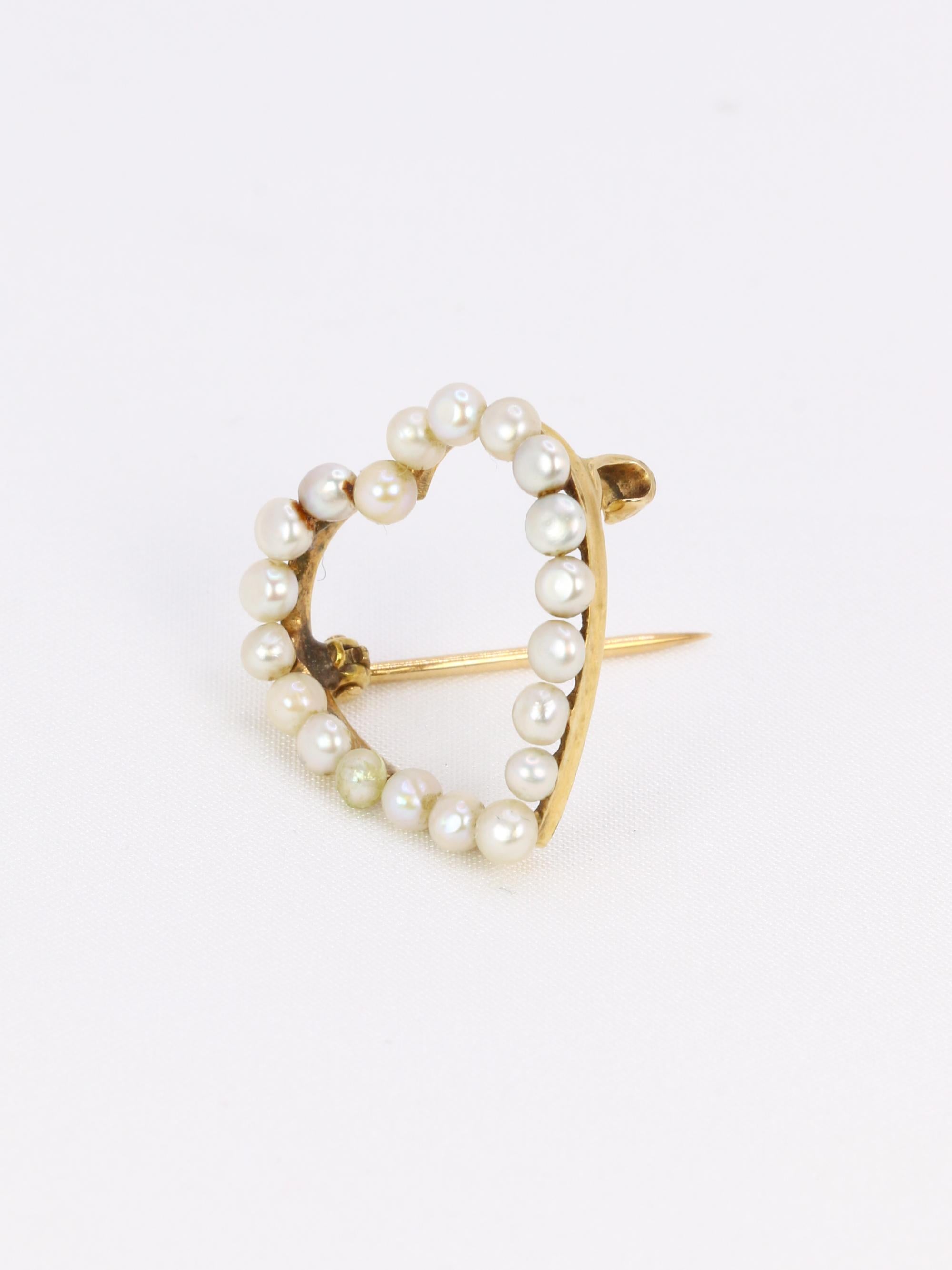 Broche ancienne coeur perles fines or jaune