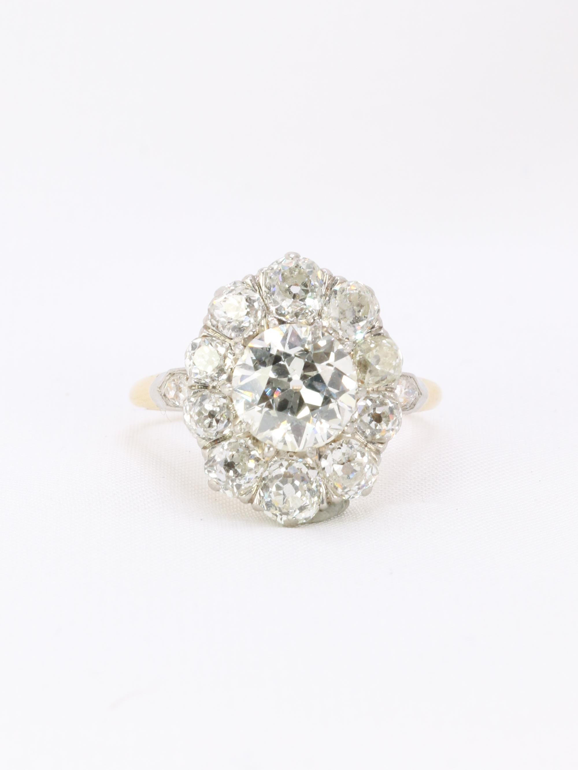 Bague marguerite ancienne diamants taille ancienne 3 carats
