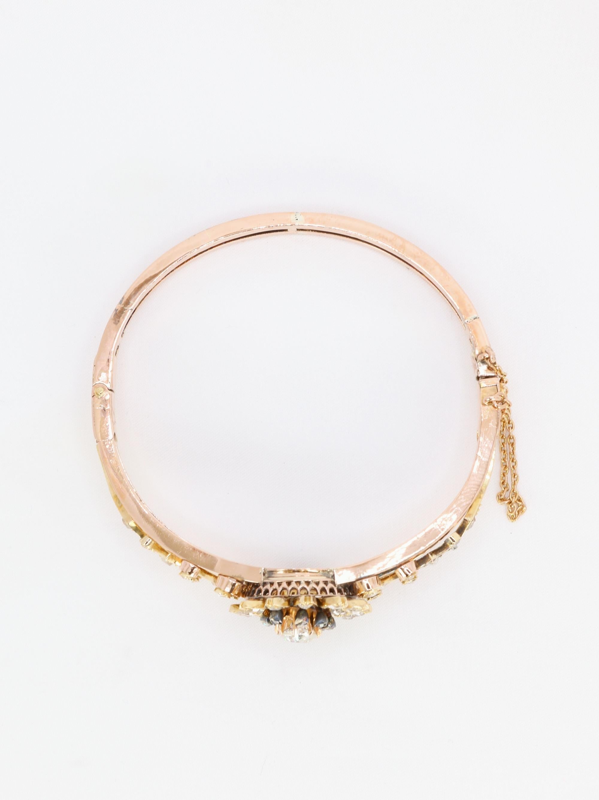 Bracelet Napoléon III fleur mobile or rose diamants taille ancienne
