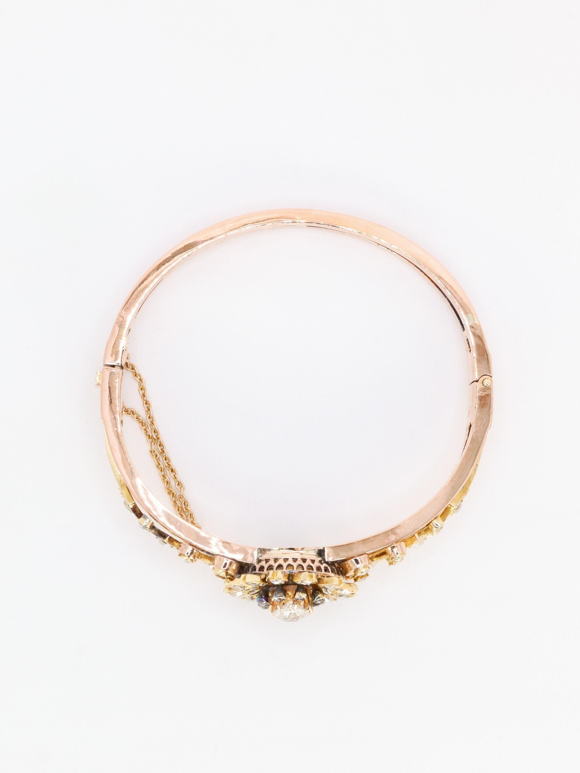 Bracelet Napoléon III fleur mobile or rose diamants taille ancienne