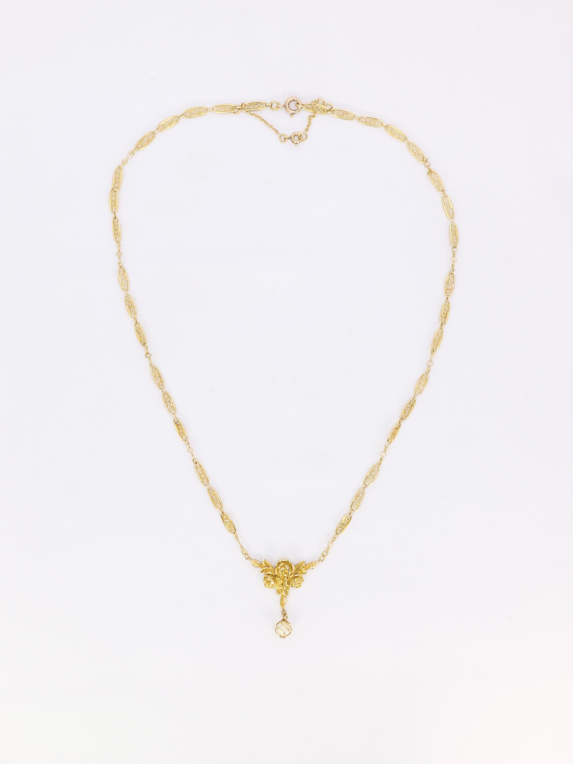Collier Art Nouveau maille filigrane or jaune perles fines