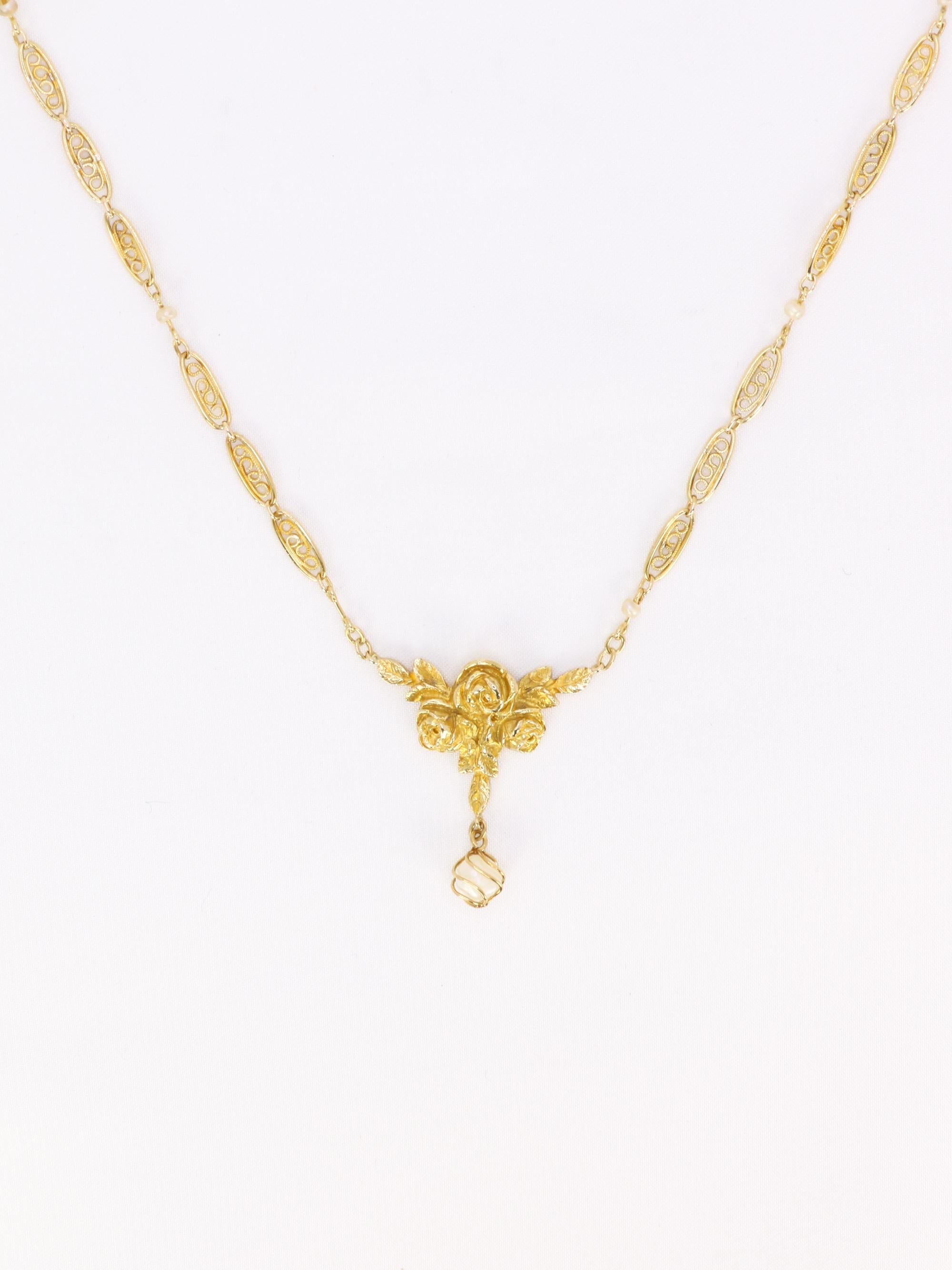 Collier Art Nouveau maille filigrane or jaune perles fines