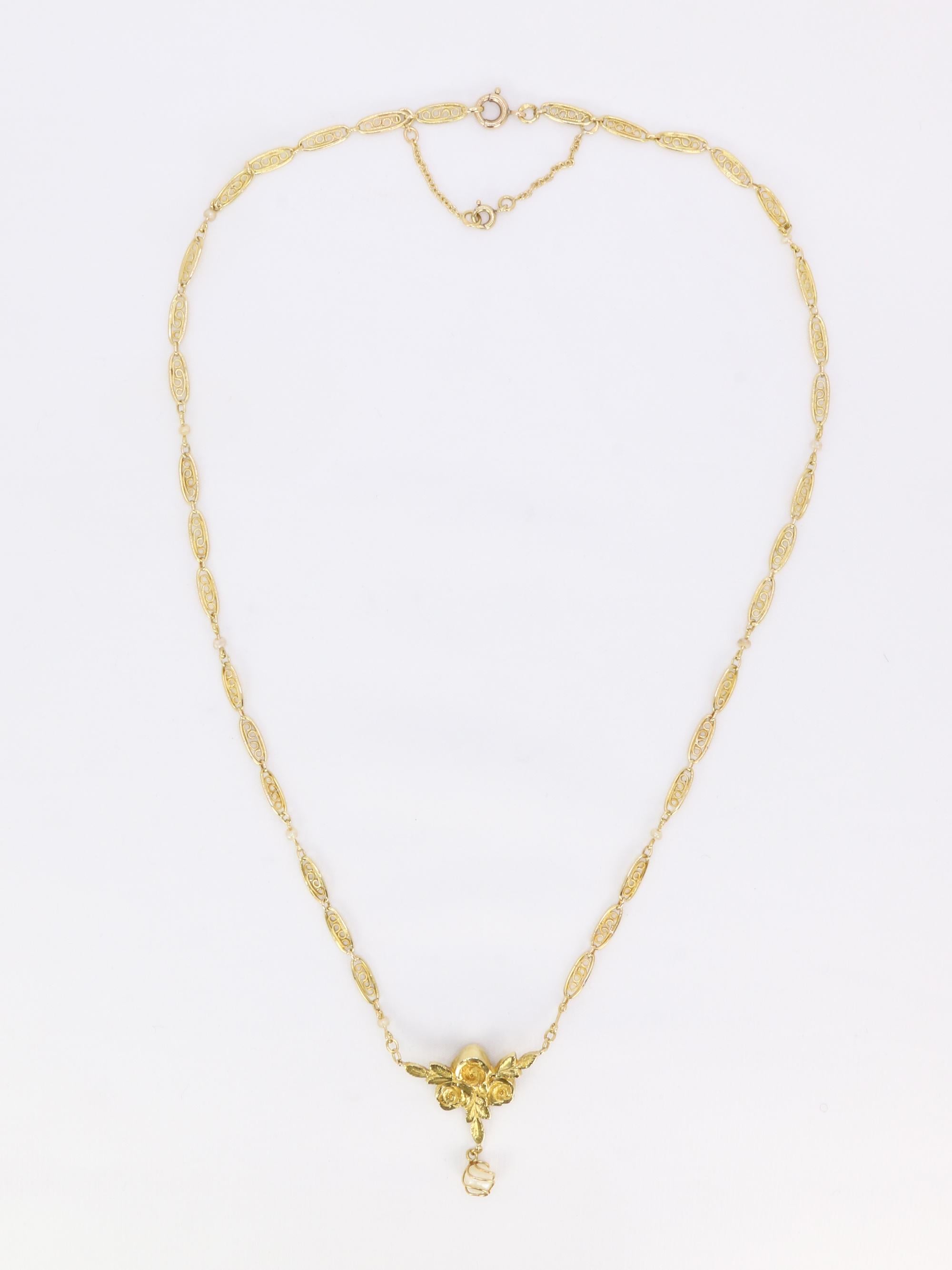 Collier Art Nouveau maille filigrane or jaune perles fines