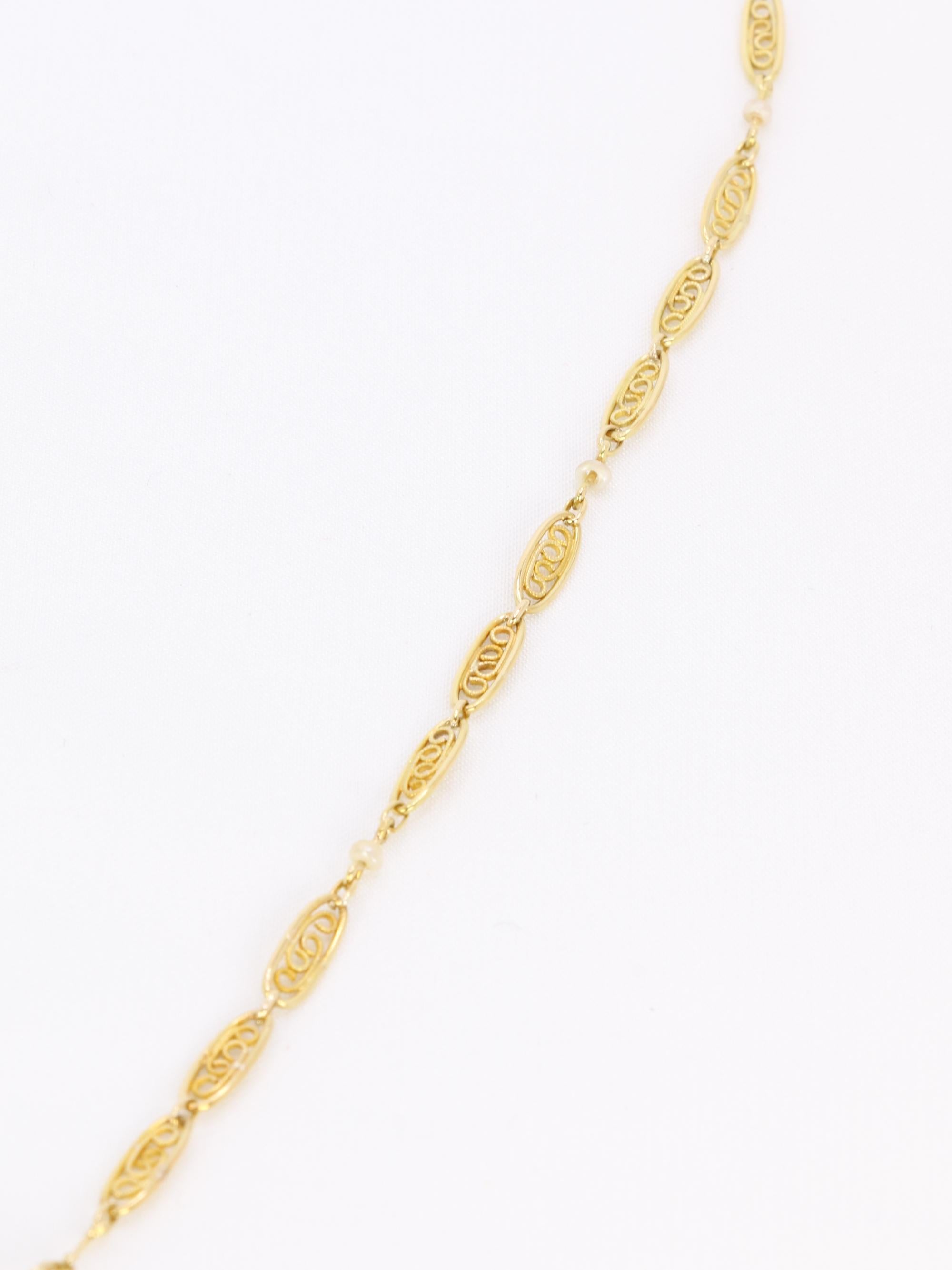 Collier Art Nouveau maille filigrane or jaune perles fines