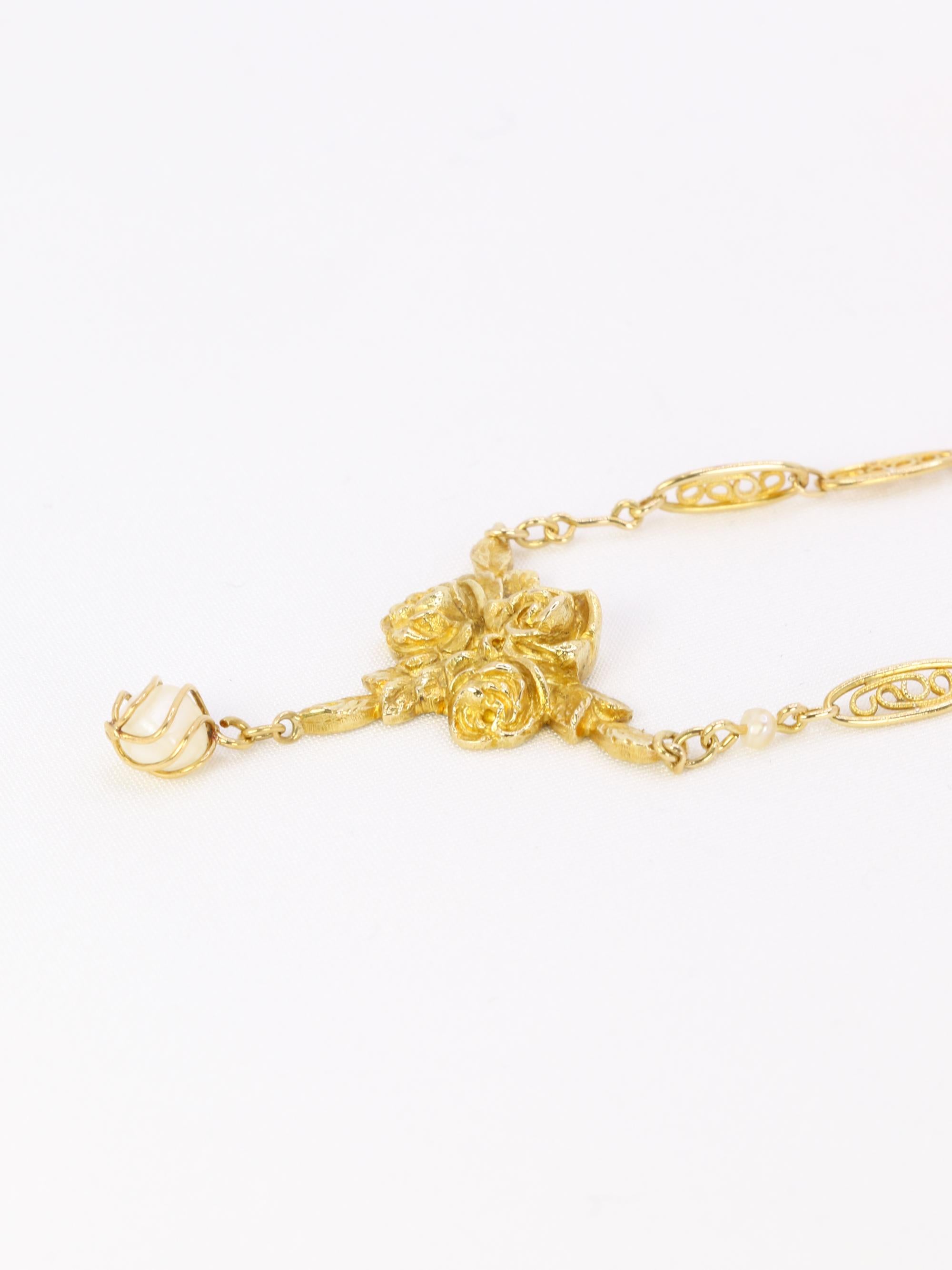 Collier Art Nouveau maille filigrane or jaune perles fines