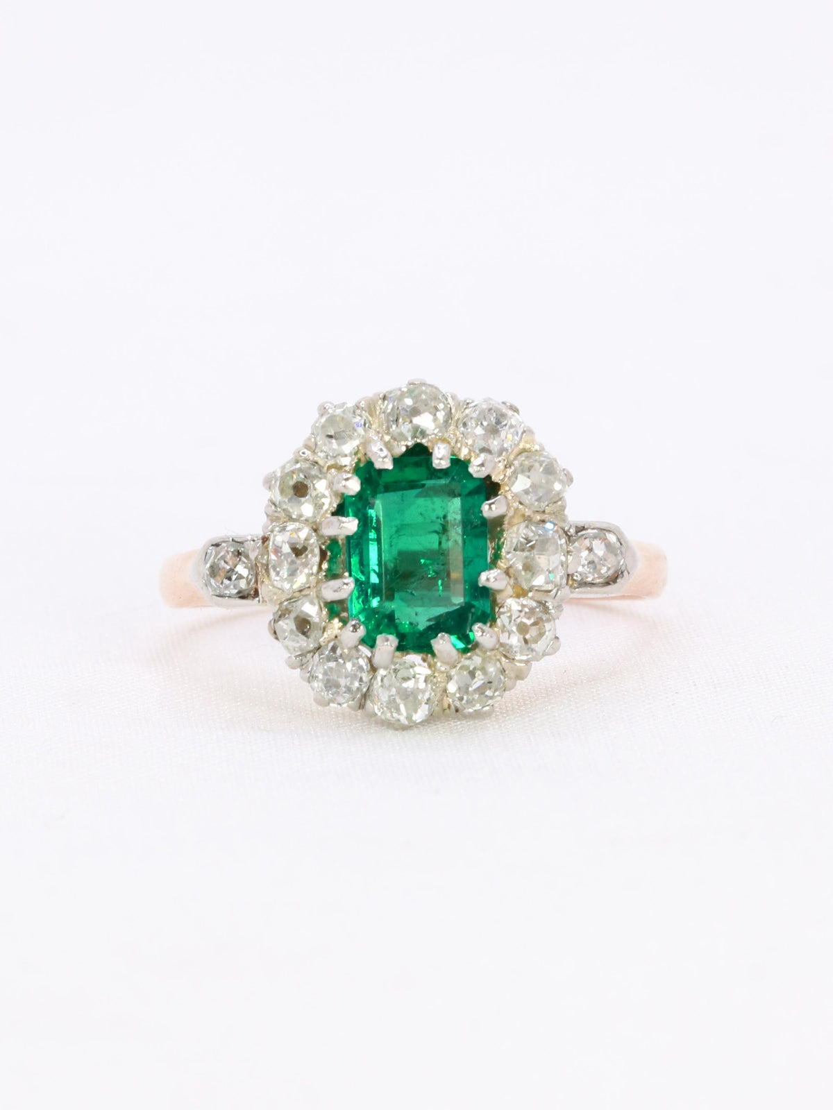 Bague Vintage Or Blanc 14k émeraude Et Diamants - Taille 46, Style Art Déco, France