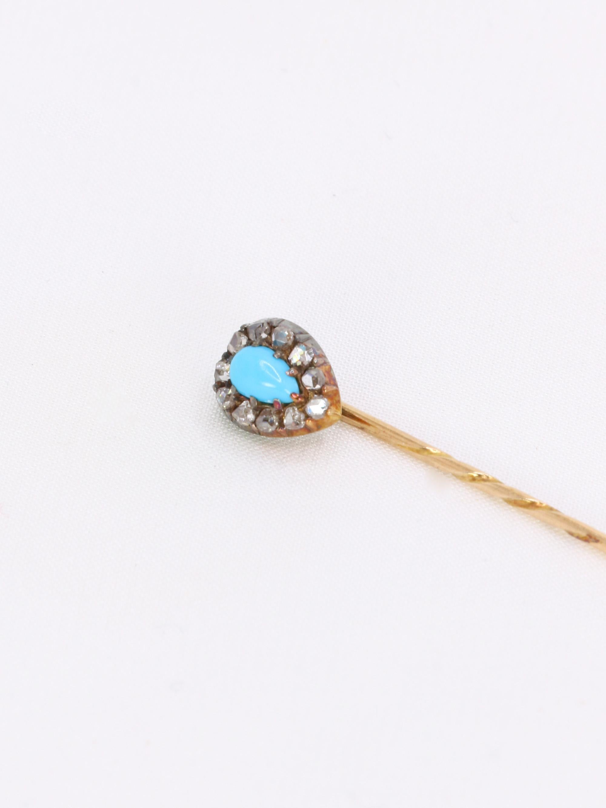 Epingle ancienne or jaune turquoise diamants