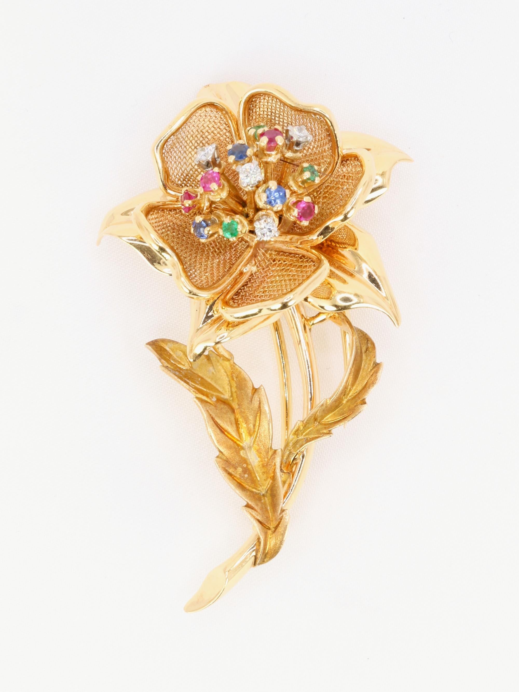 Broche vintage fleur diamants rubis émeraudes saphirs