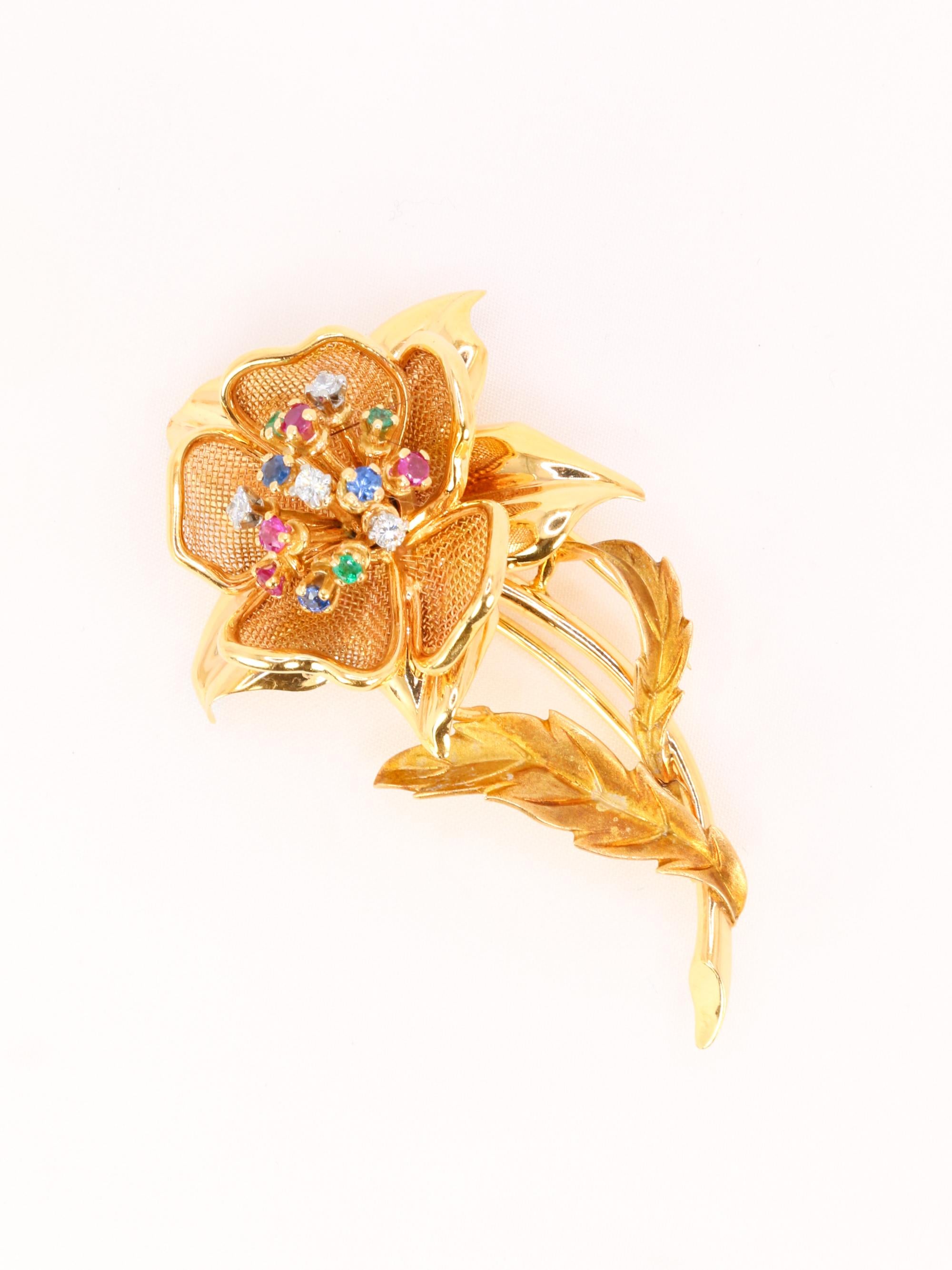 Broche vintage fleur diamants rubis émeraudes saphirs
