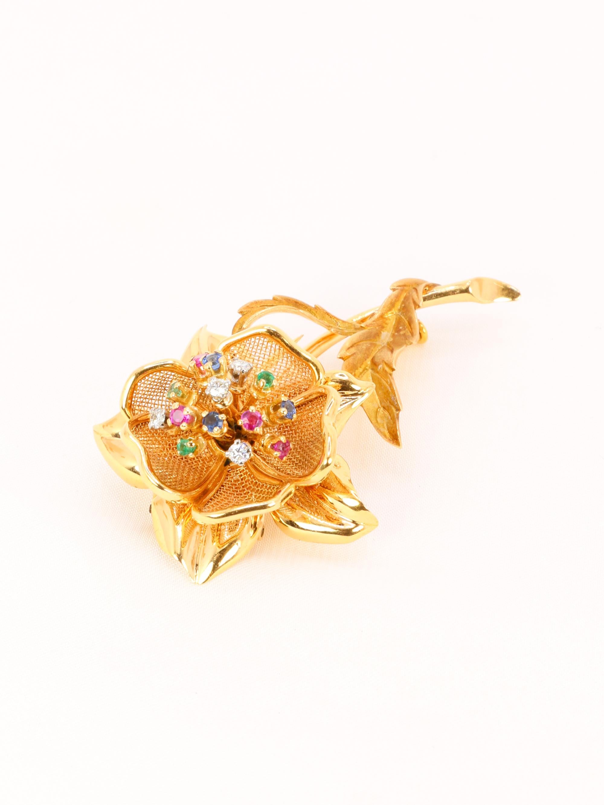 Broche vintage fleur diamants rubis émeraudes saphirs