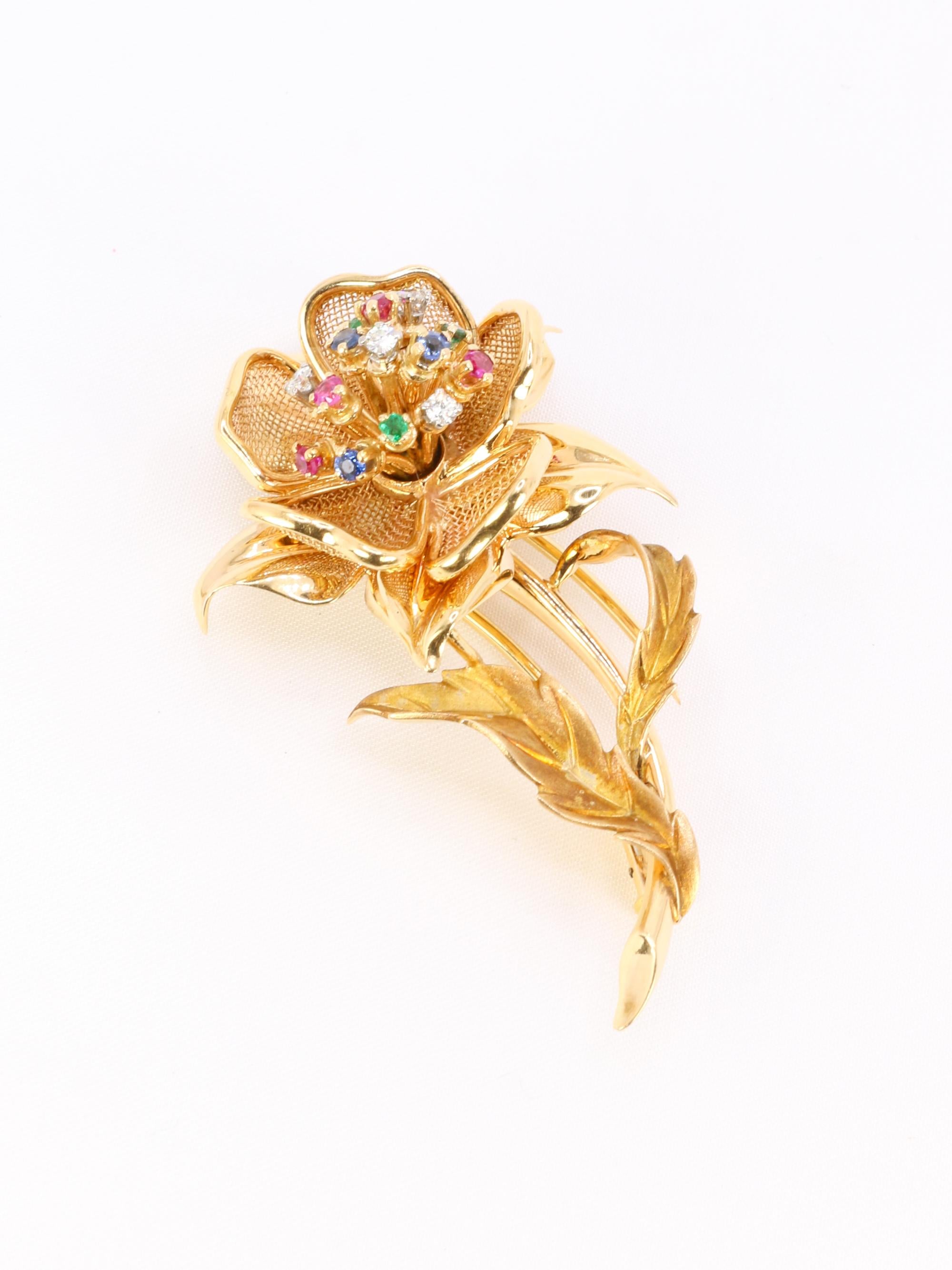 Broche vintage fleur diamants rubis émeraudes saphirs