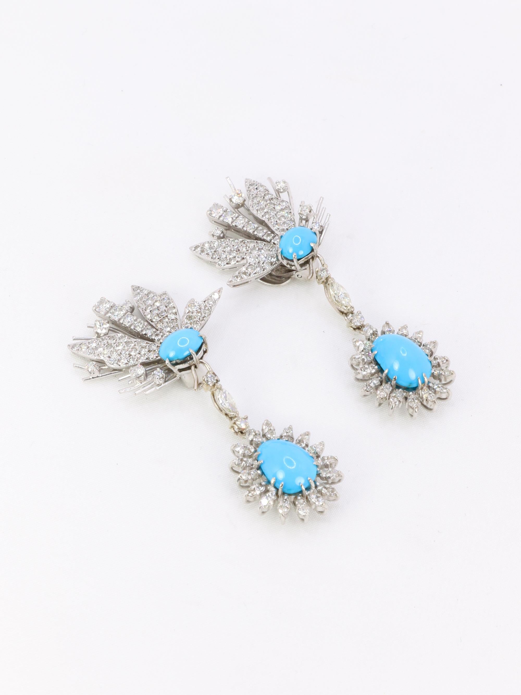 Boucles d'oreilles pendantes turquoises diamants